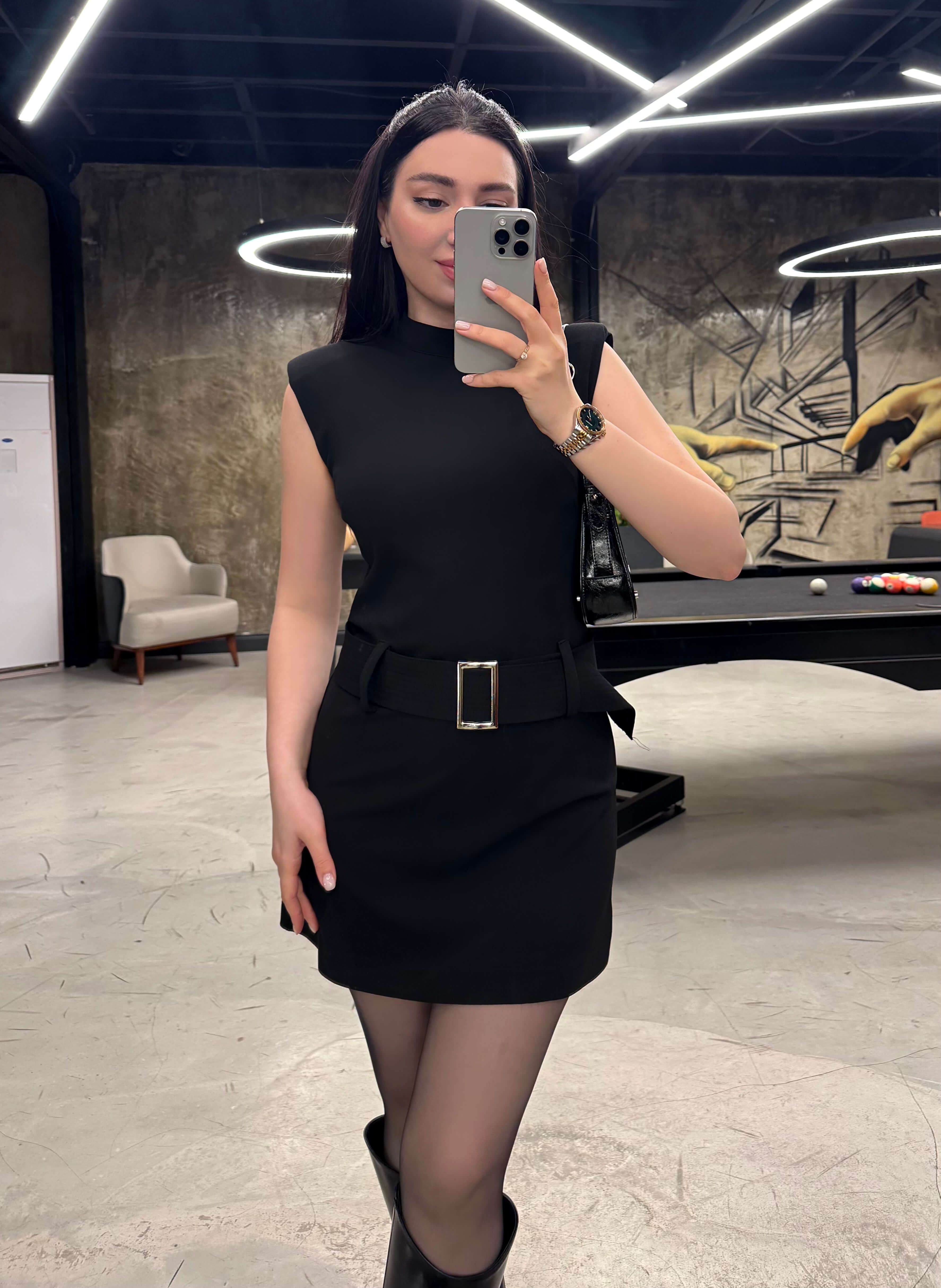 Randa Beli Kemerli Mini Elbise Siyah