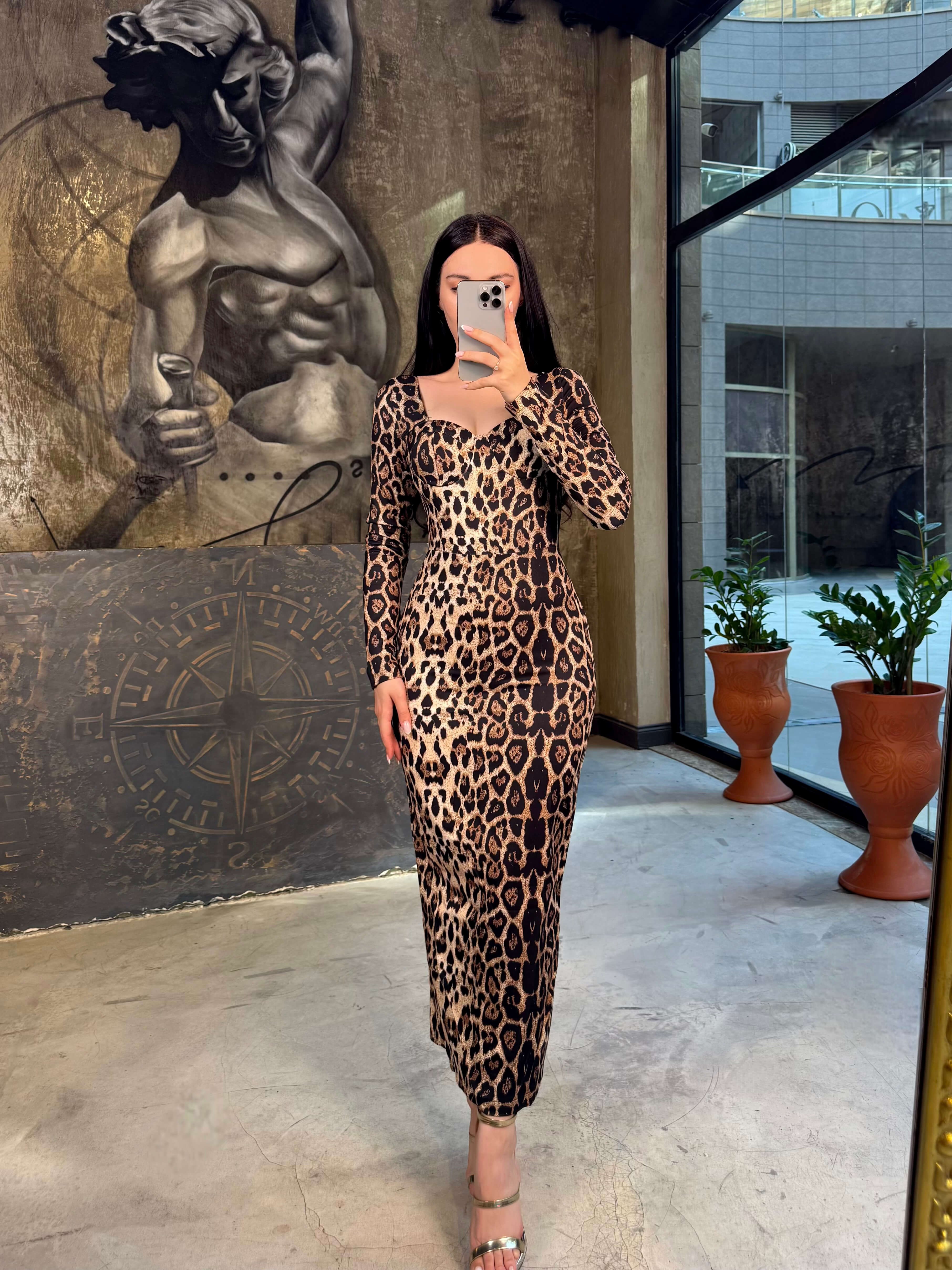 Sia Uzun Kol Midi Slim Elbise Leopar