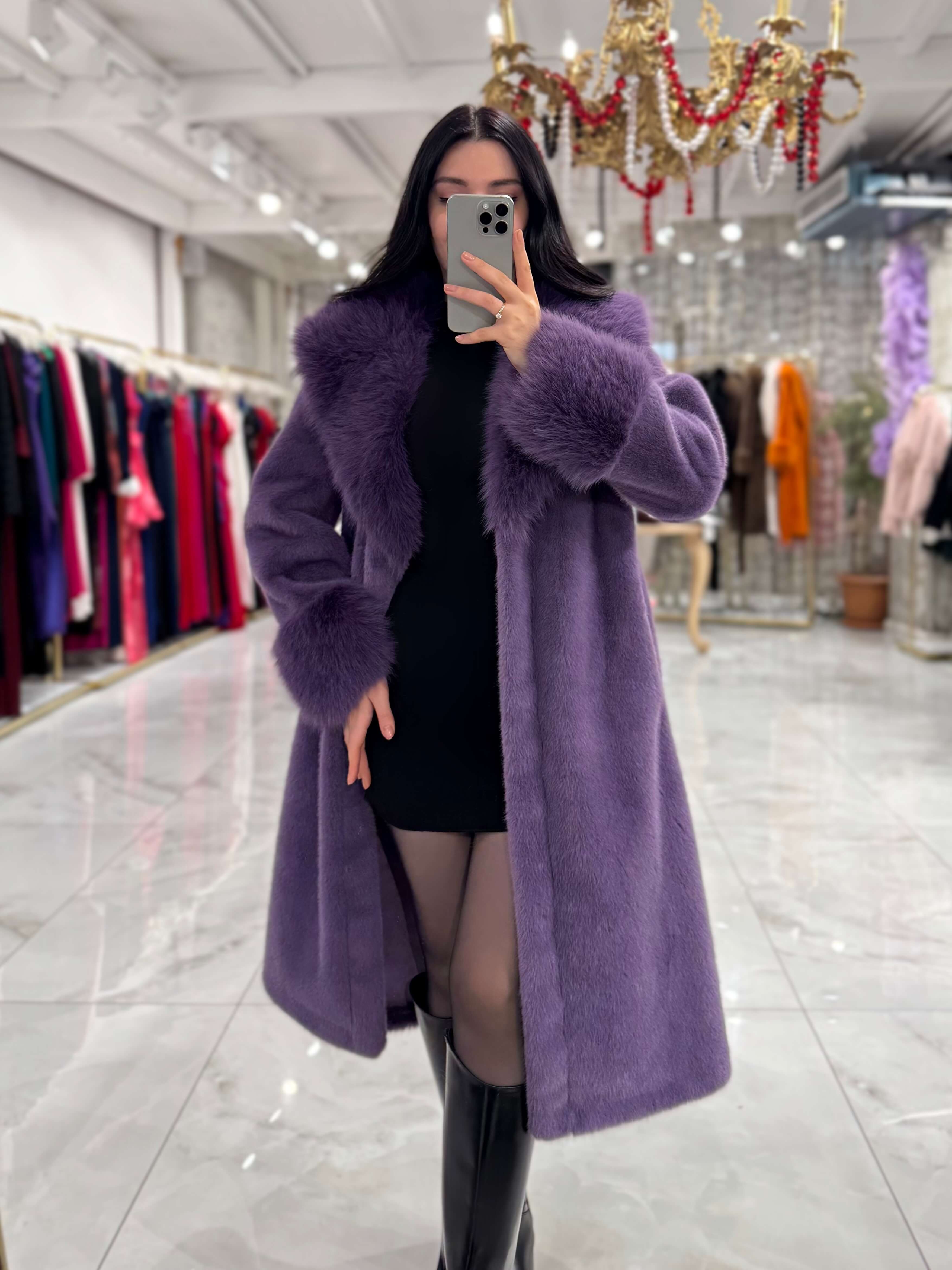 Dora Uzun Kuşaklı Yak Kol Detaylı Vip İthal Kürk Mor