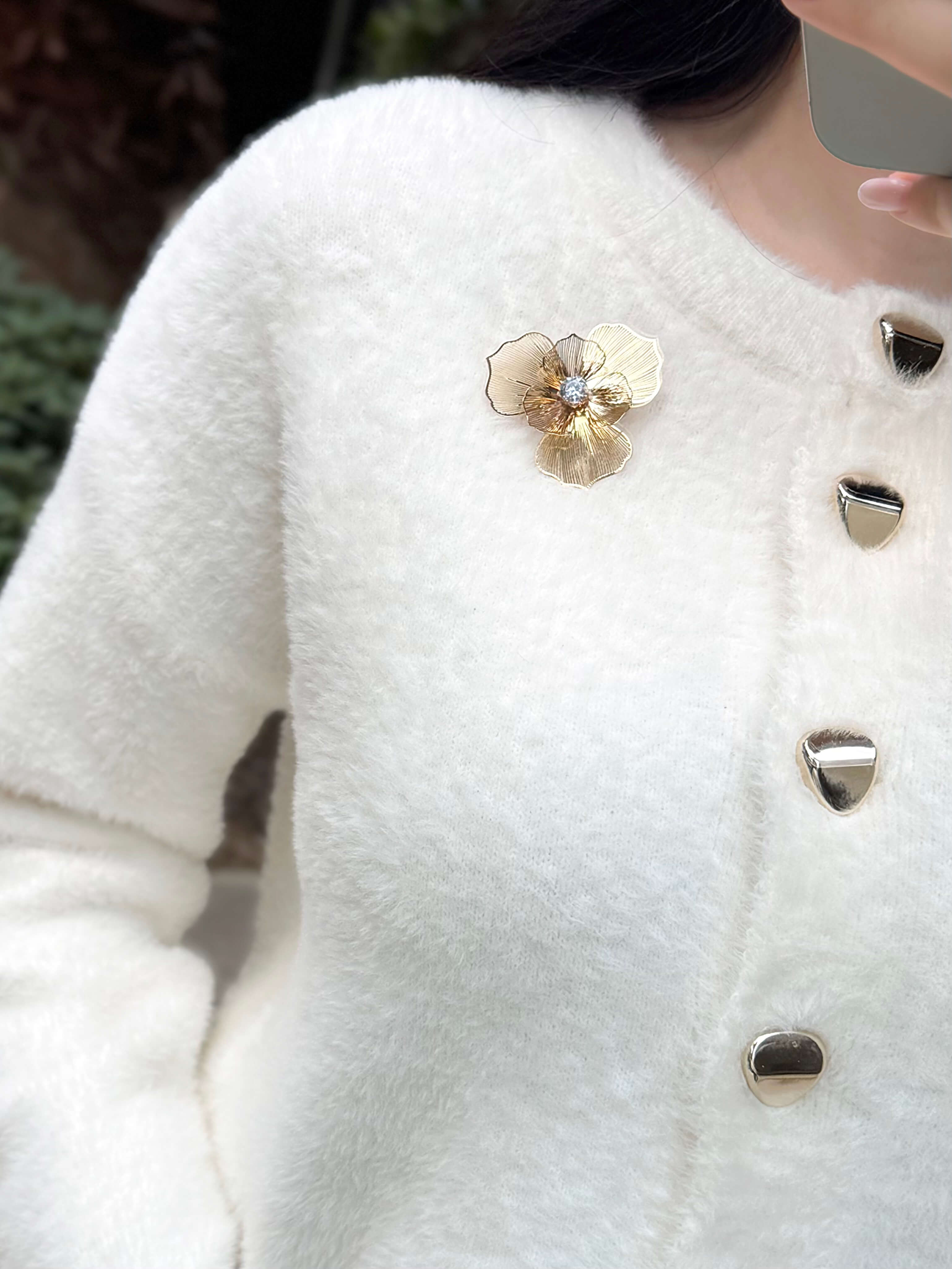 Flora Gold Çiçek Ve düğme Aksesuarlı Angora Hırka Krem