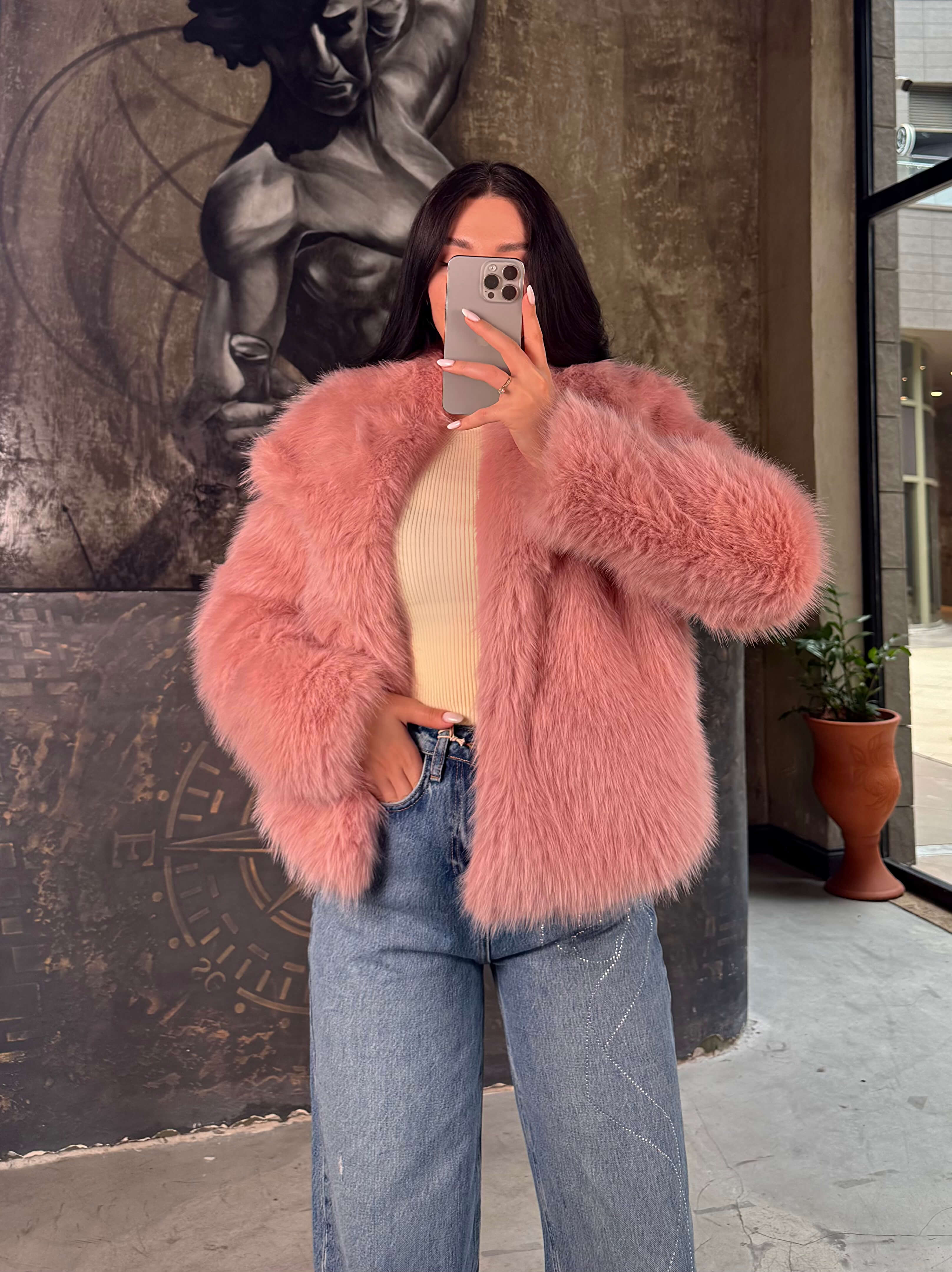 Heyra Şal Yaka Kürk  Kısa Kaban-Pudra