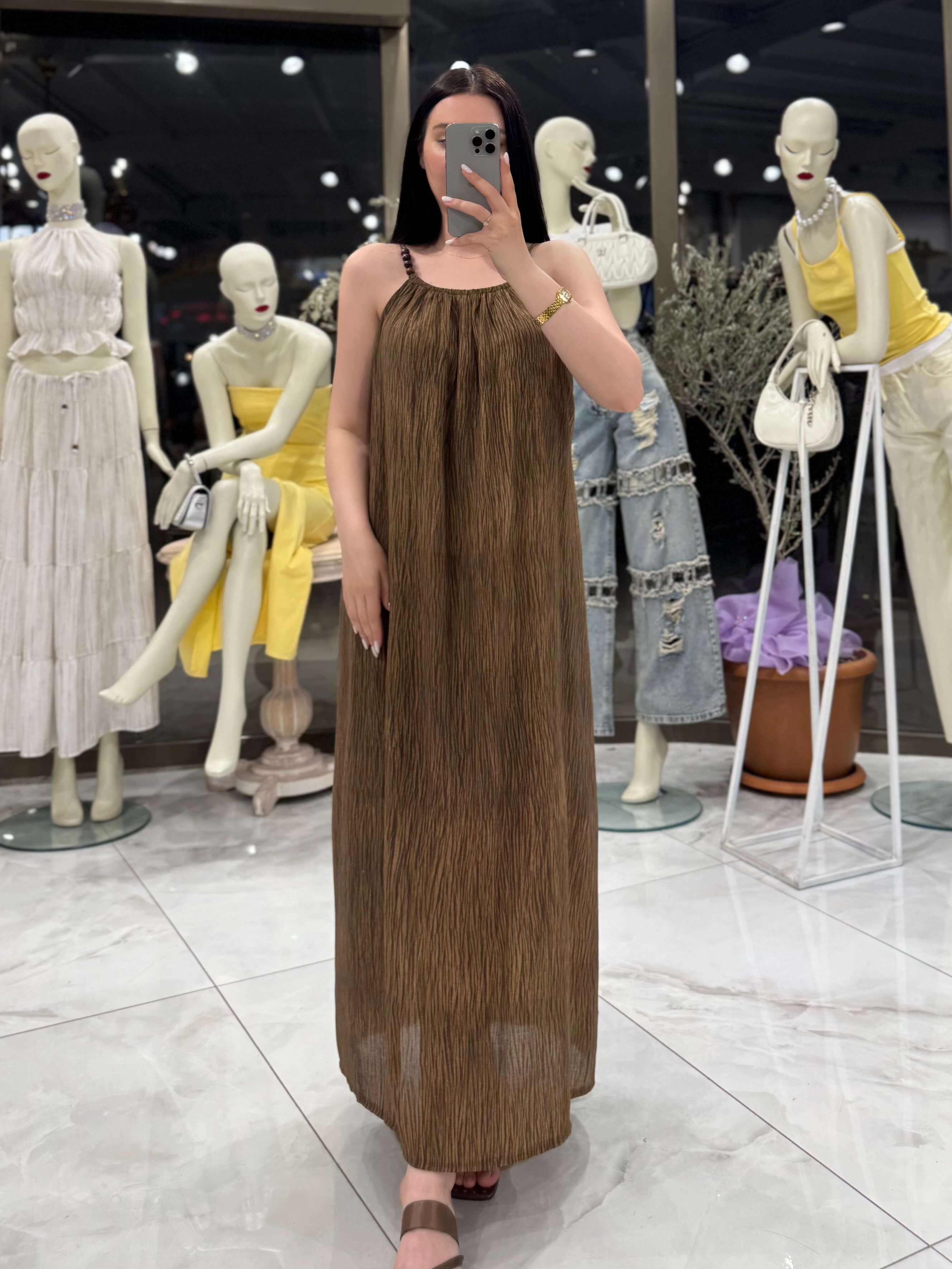 Leyora İnce Askılı Boncuklı Desenli Boho Style Elbise Kahve