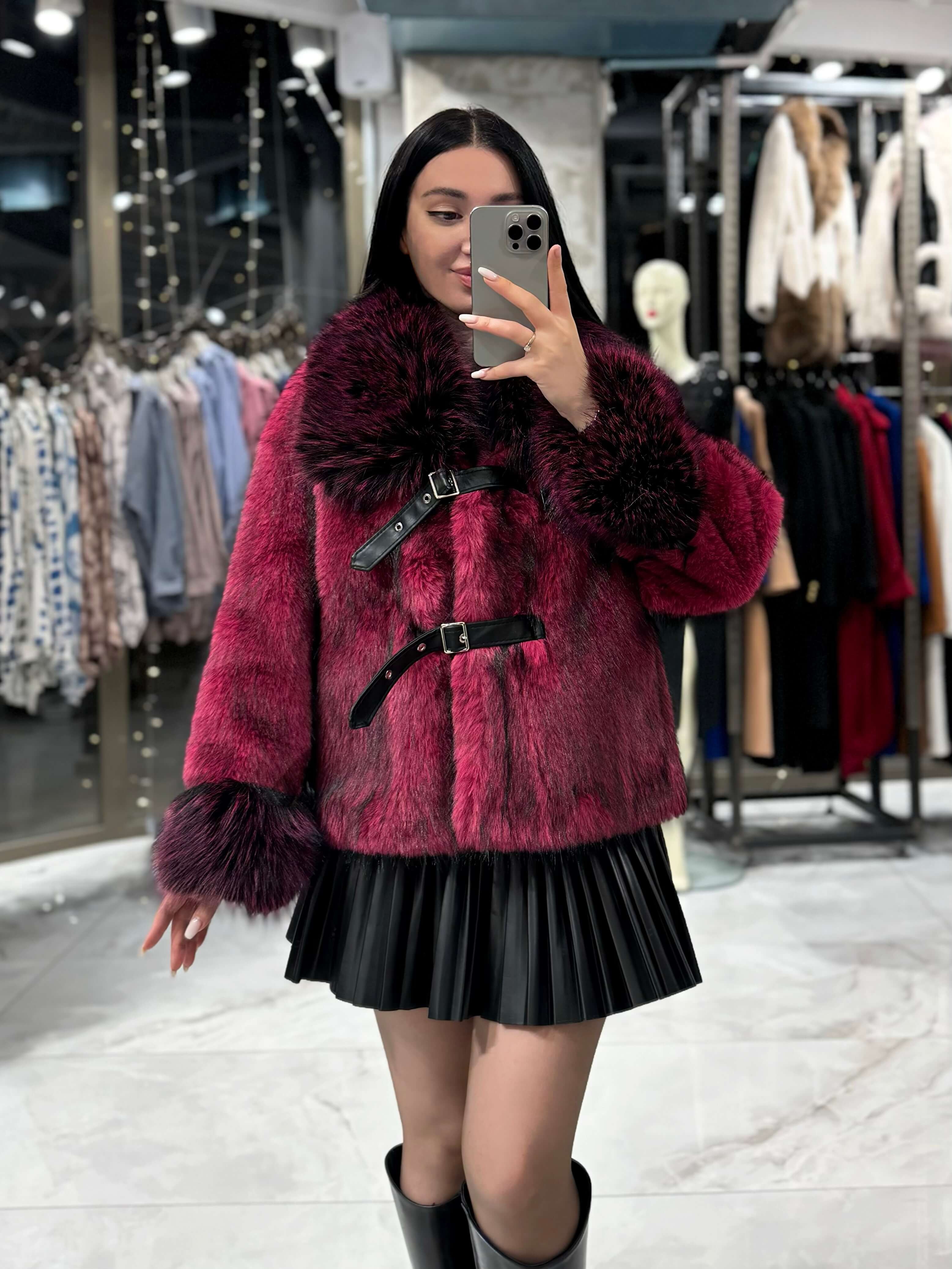 Foxy İthal VİP Deri Kemer Detaylı Tilki Görünümlü Benekli Yaka Detaylı Kürk Siyah Fuşya