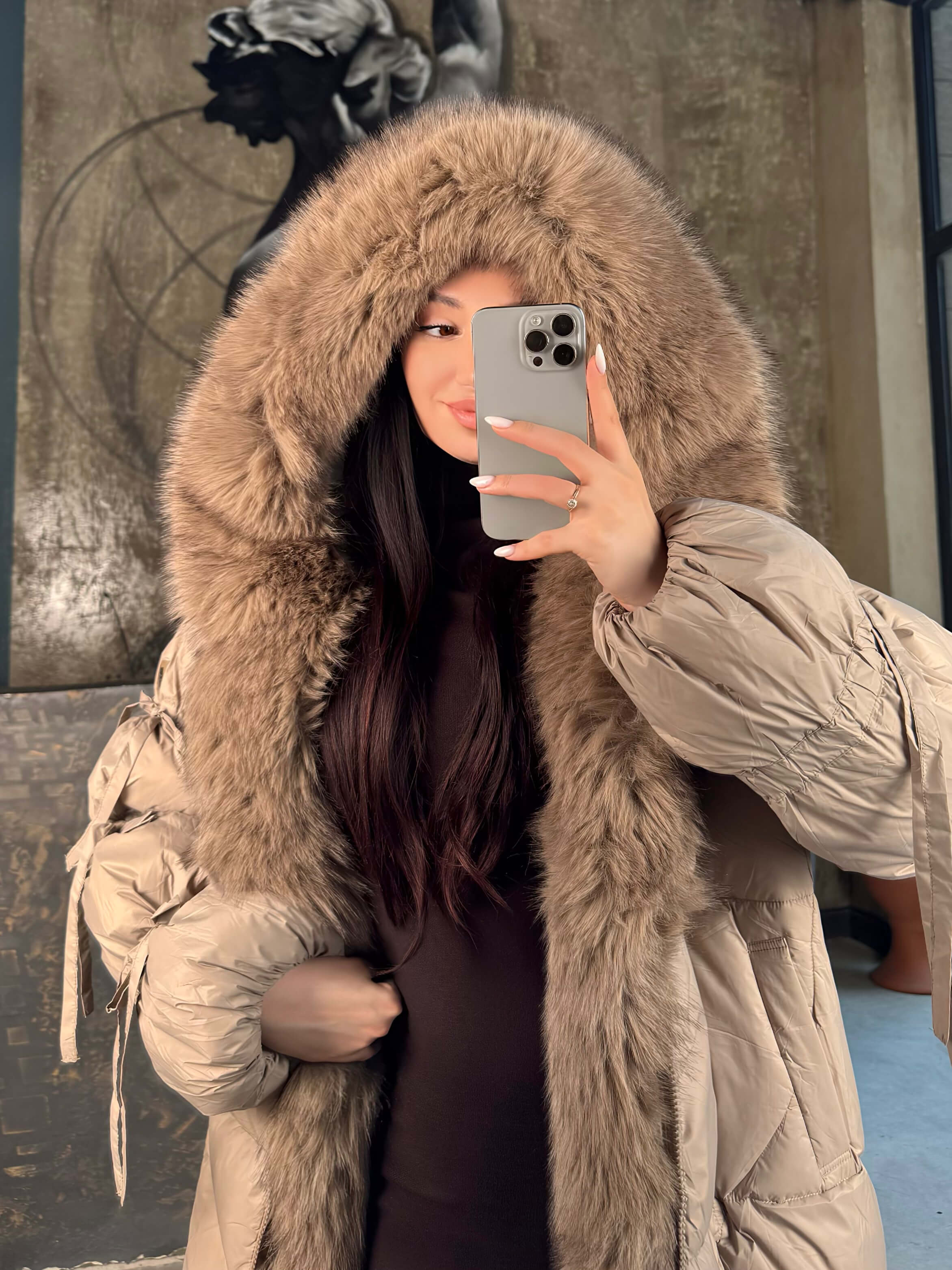 Solen Cepli Kolları Ayarlanabilir Bağlamalı Çıkarılabilir Kürk Yaka Kapüşonlu Sişme Mont Bej