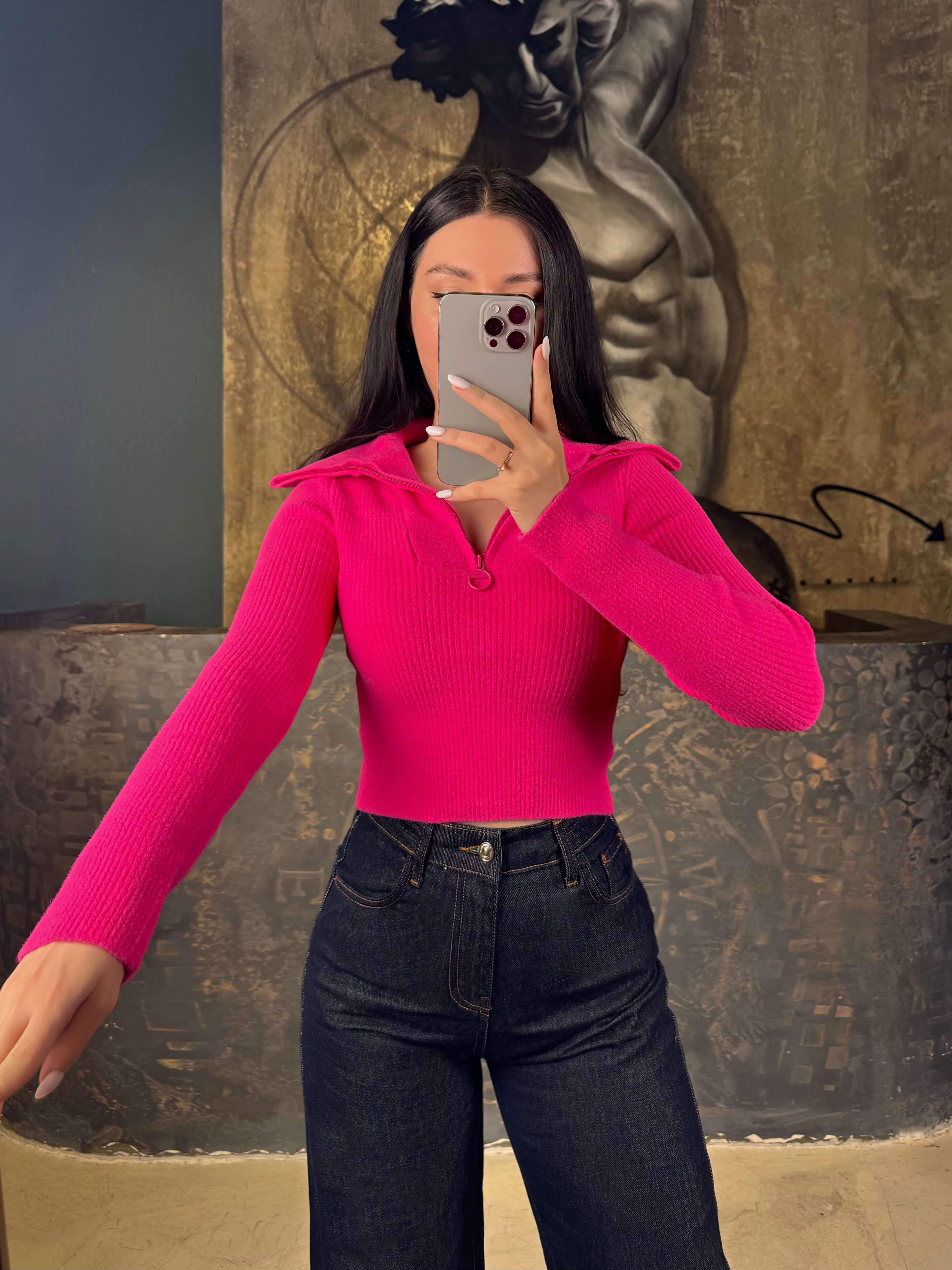 Nika Kamyoner Yaka Fitilli Kısa Kazak Fuşya