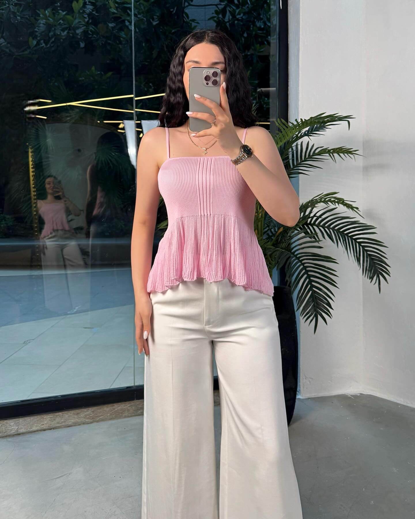 Anita İnce Askılı Volanlı Triko Bluz Pembe