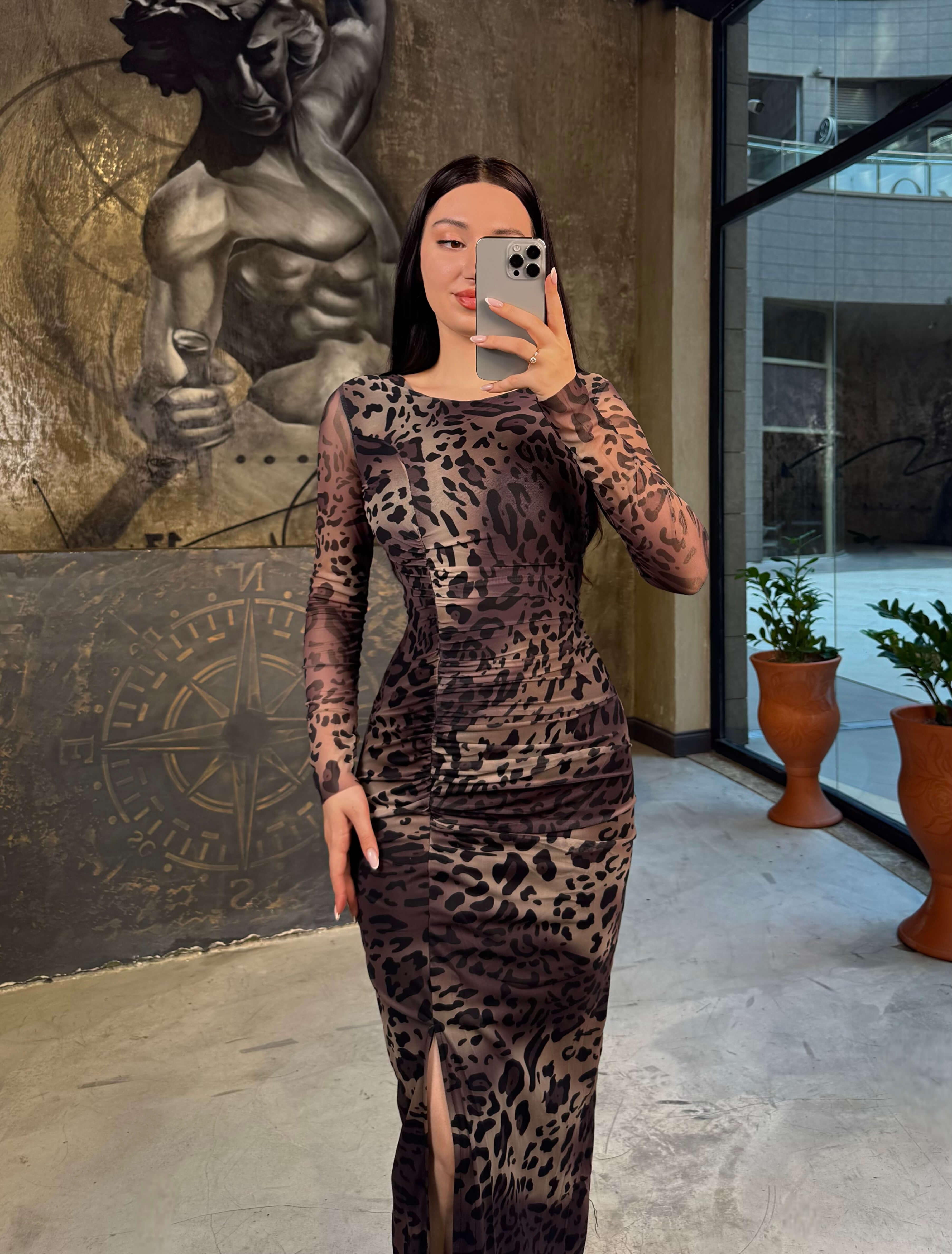 Alisha Uzun Kol Astarlı Esnek Tül Midi Boy Elbise Leopar