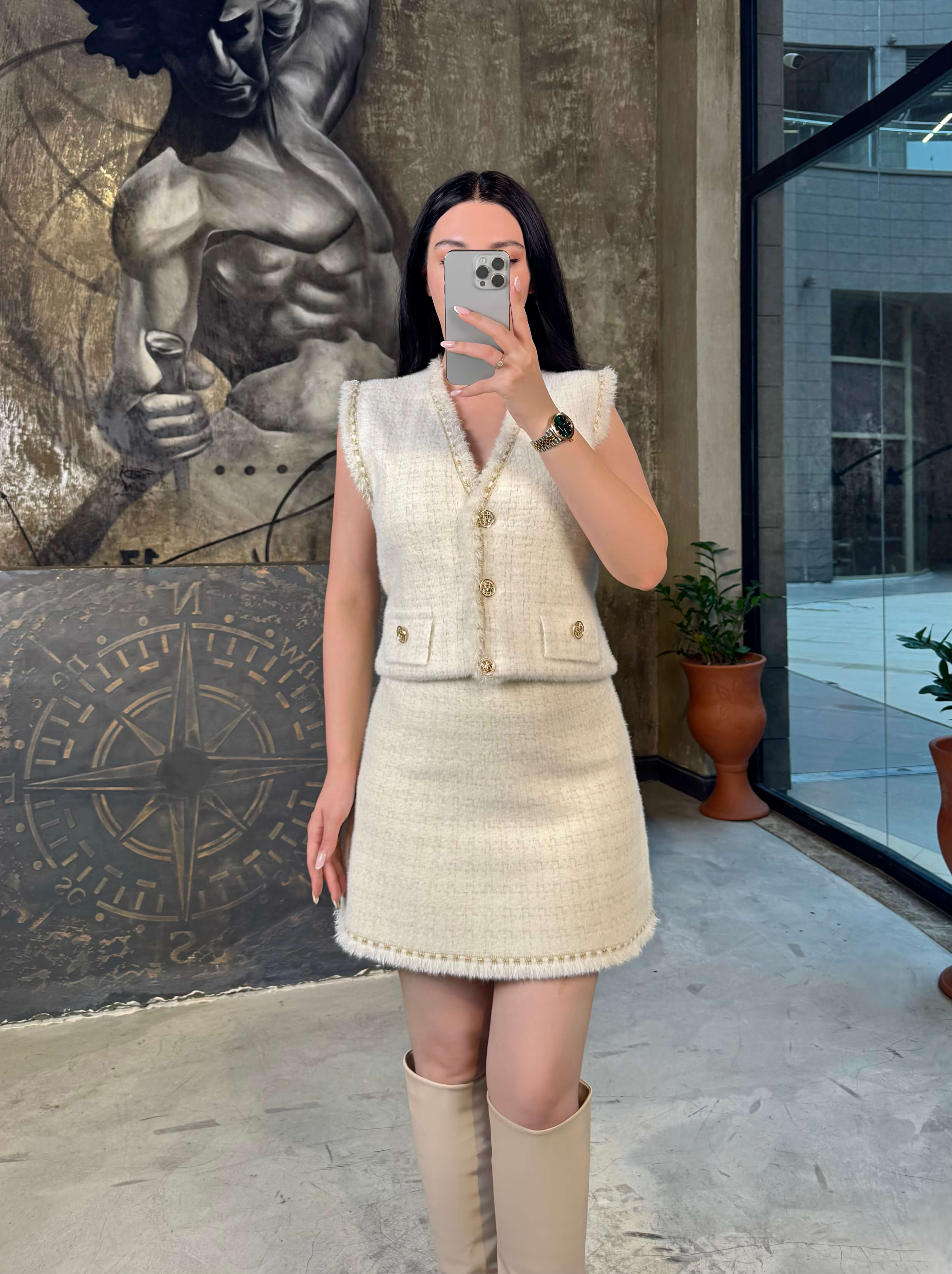 Charmy Angora Gold Düğmeli Yelek Krem