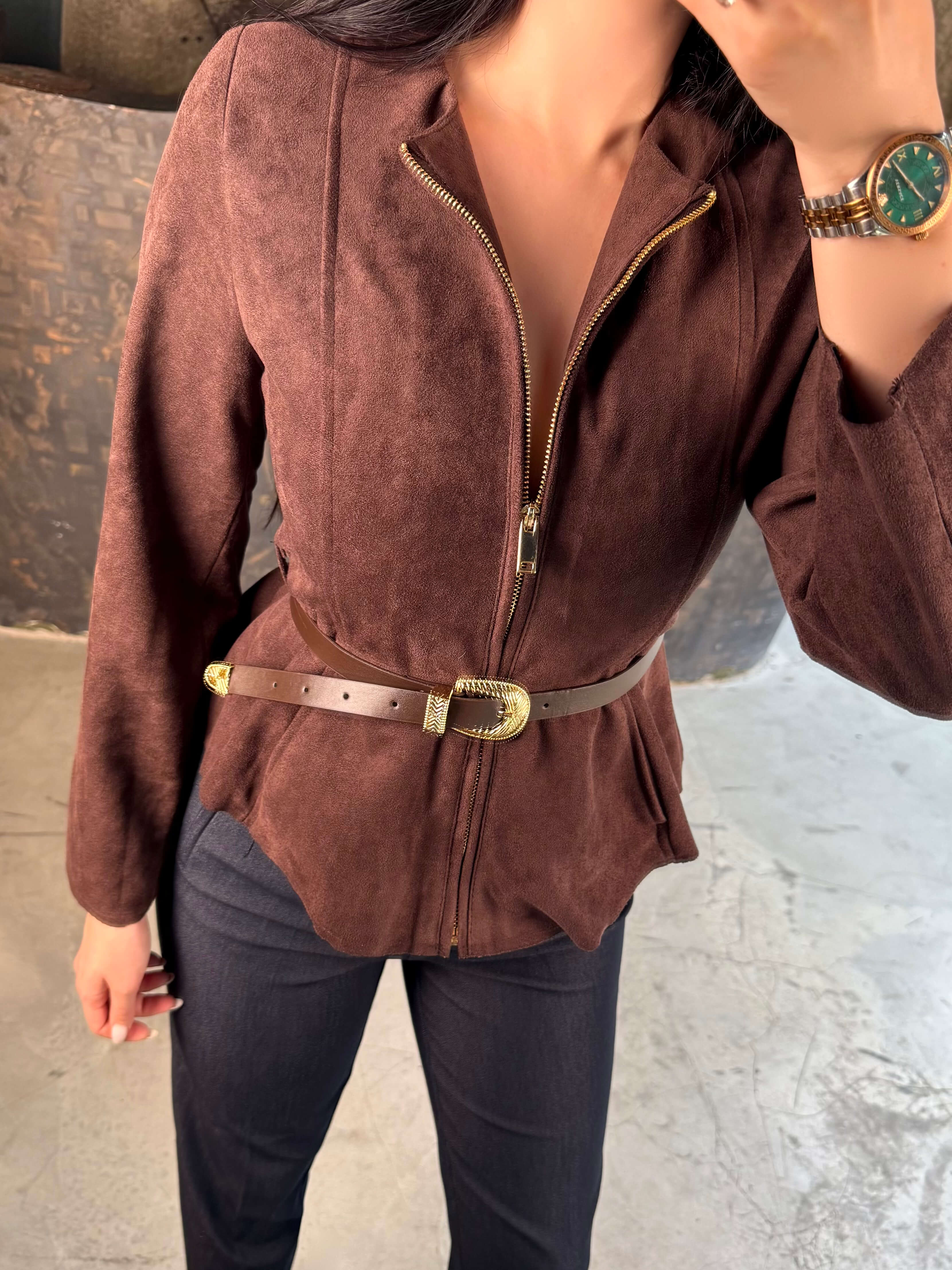 Rimor Süet Önü Fermuarlı Belden Oturmalı Kemerli Ceket Kahve