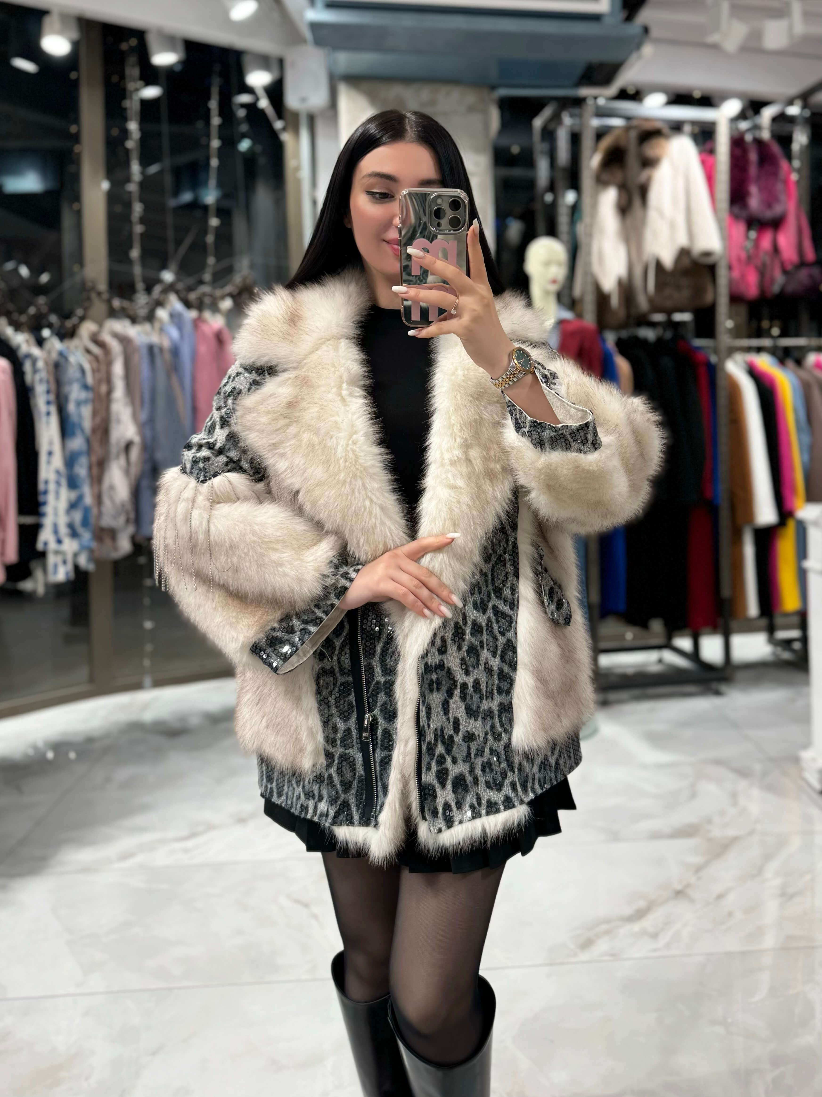 Hola Vip Özel Tasarım İthal Kol Detaylı Kürk Kaban-Leoparlı
