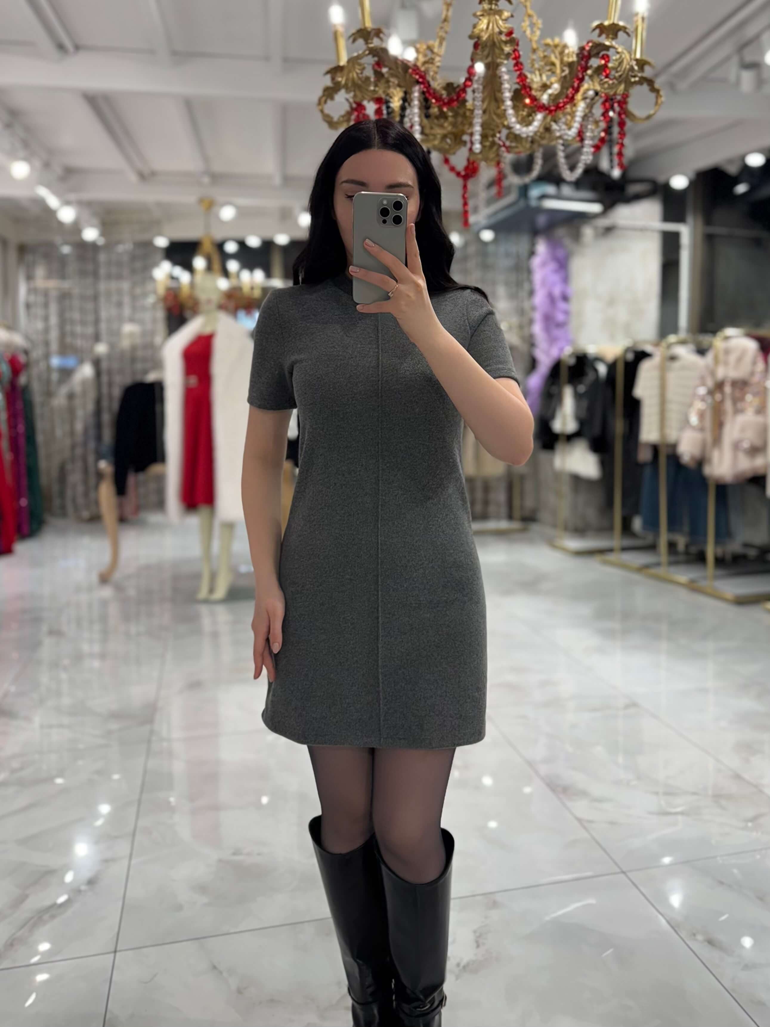 Viya Yumuşak Şardonlu Düz Kesim Kısa Kol Mini Elbise Antrasit Melanj