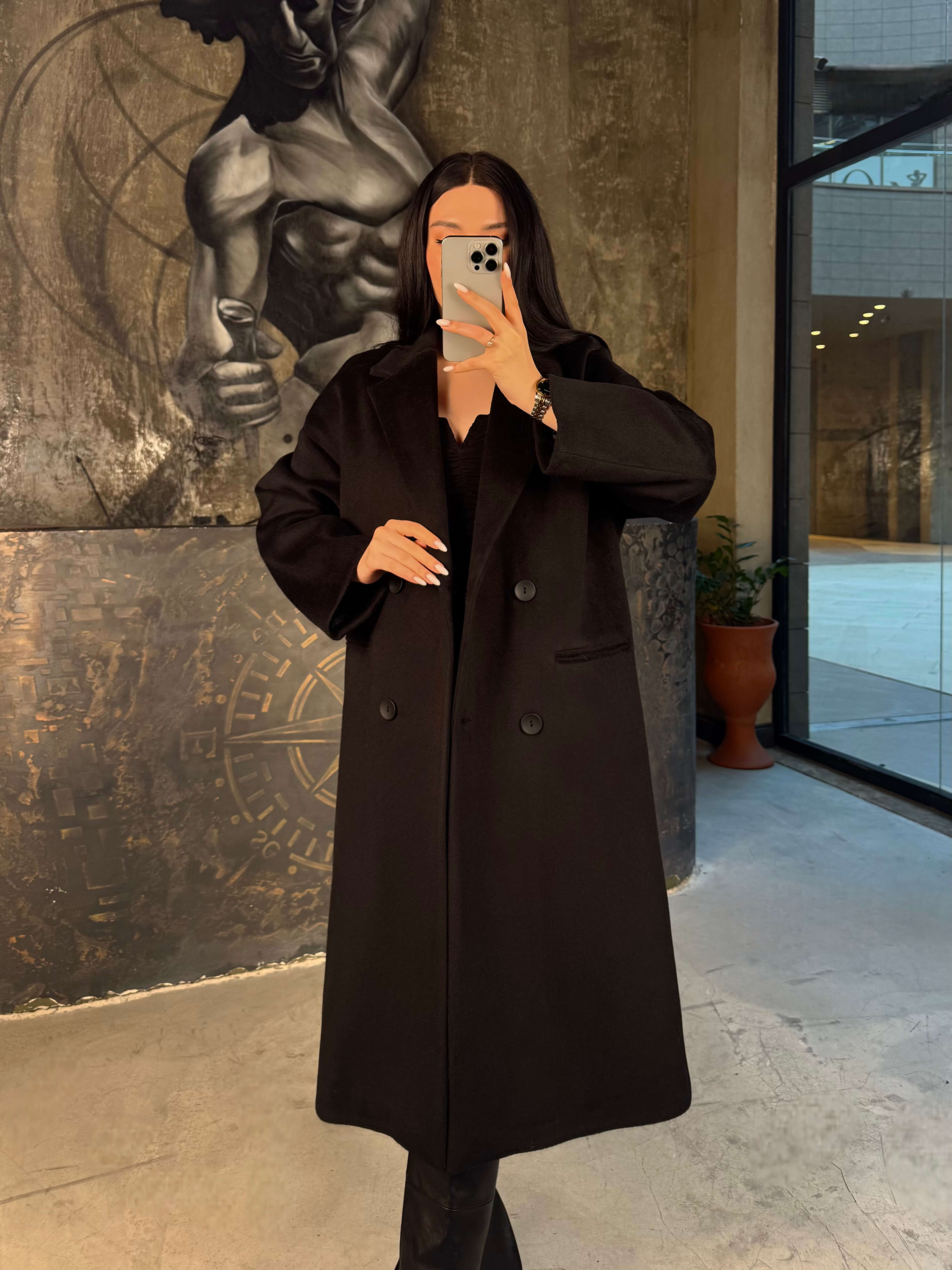 Mirold Oversize Kruvaze Yaka Önü Düğmeli Kaban Siyah