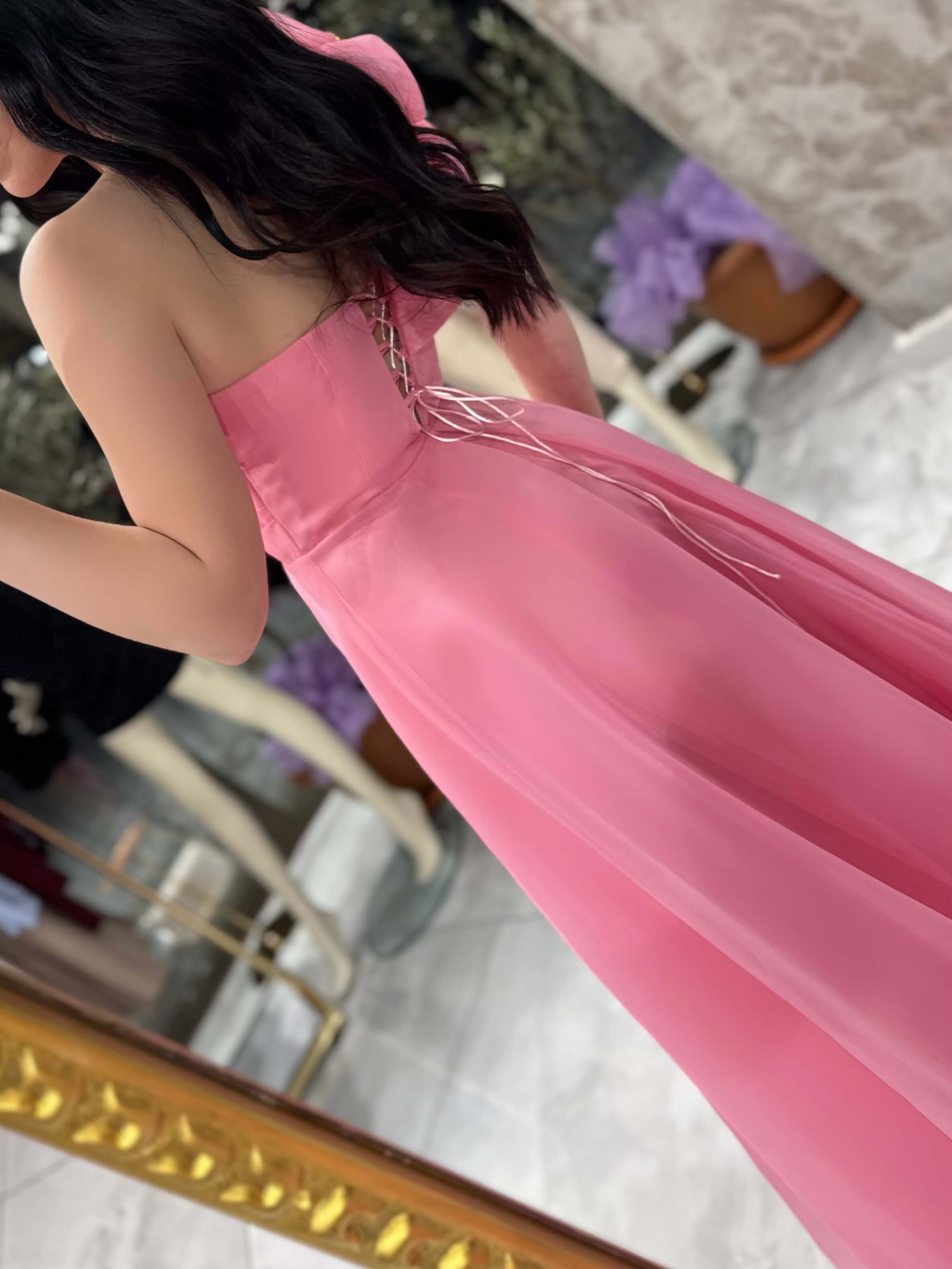 Mariah Büzgülü Tek Kol Arkası İpli Astarlı Organze Uzun Elbise Şeker Pembe