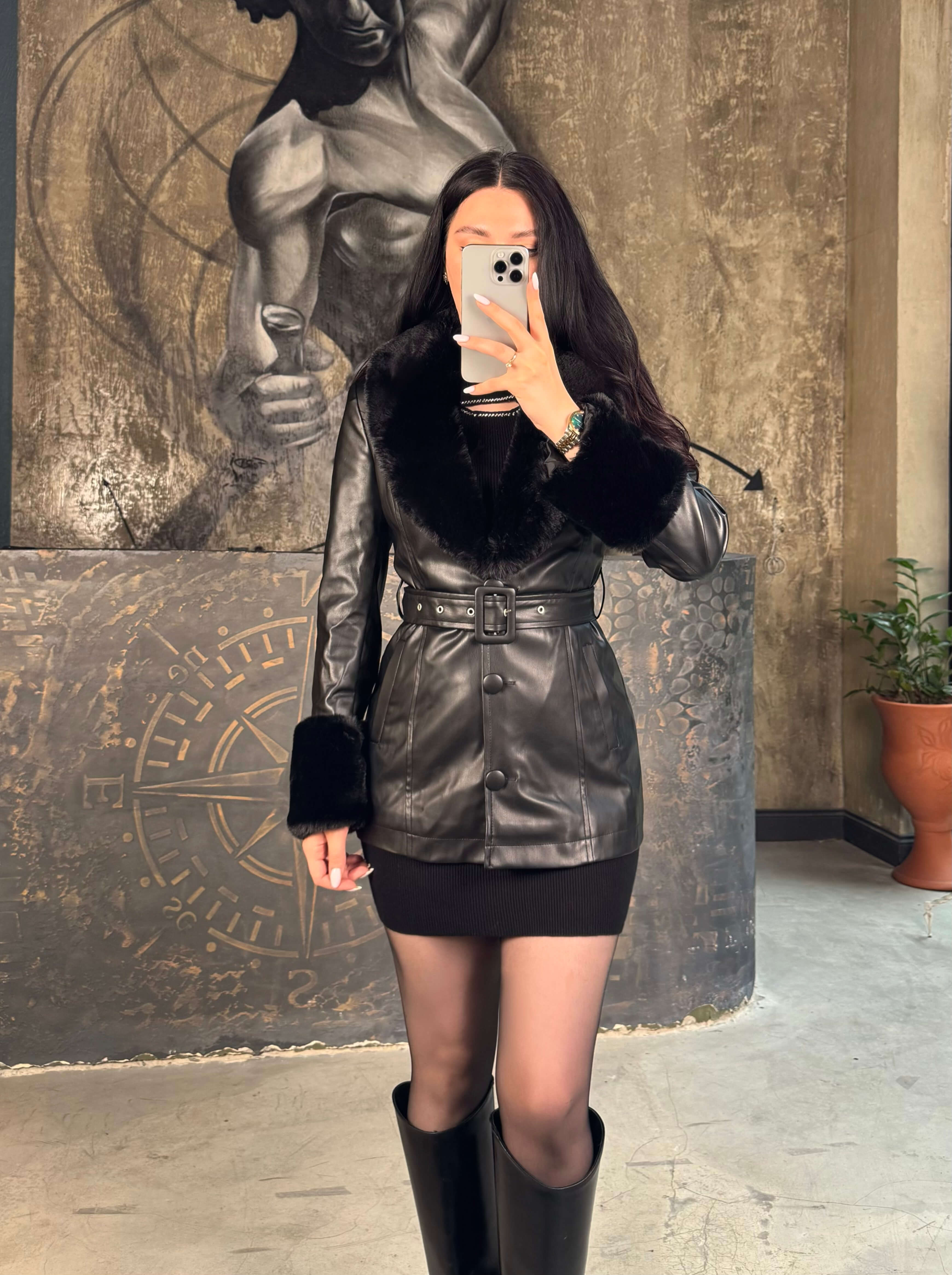 Mady Kısa  Kürklü Deri Kaban Siyah