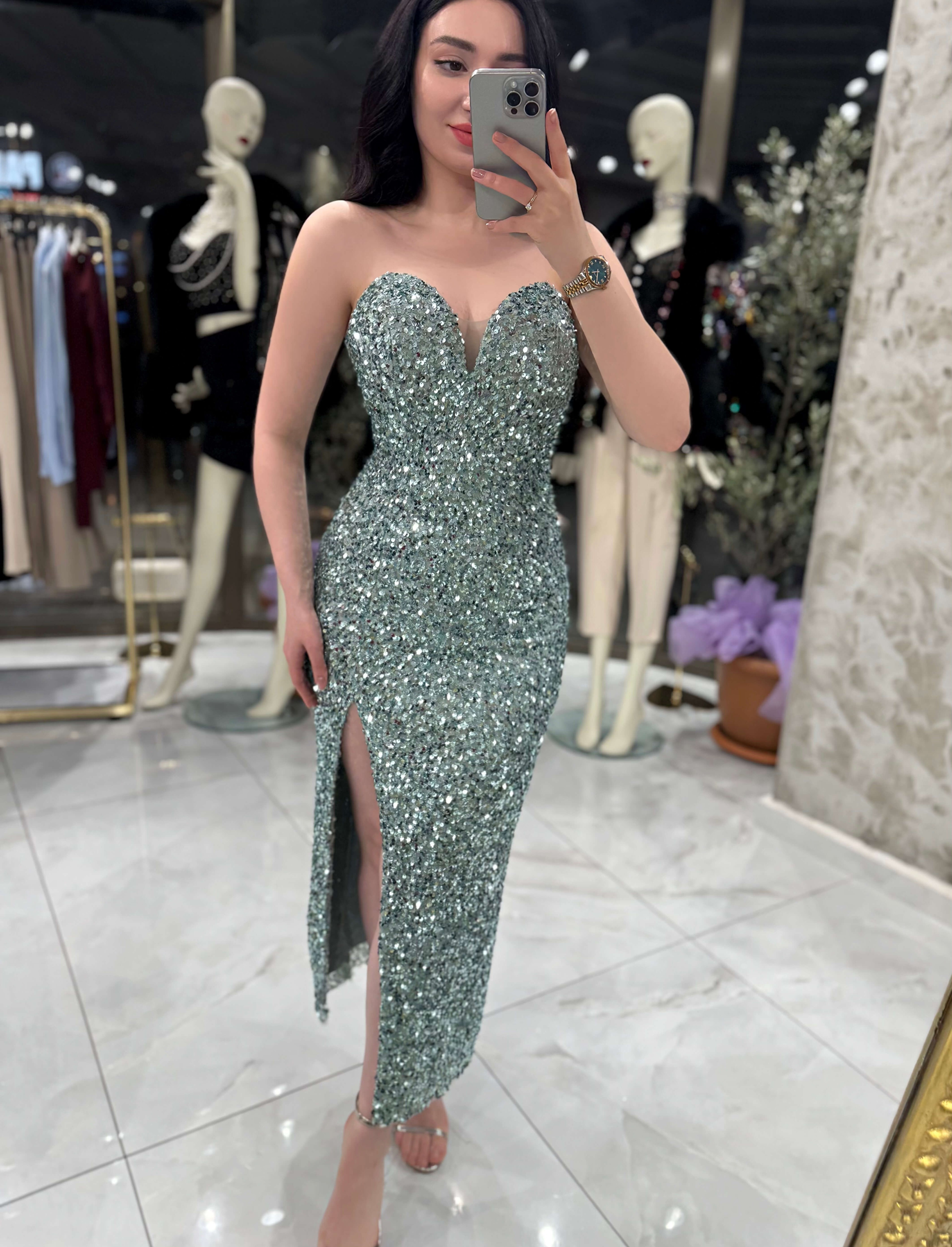 Agnes Kalp Yaka Önden Yırtmaçlı Midi Boy Elbise Su Yeşili
