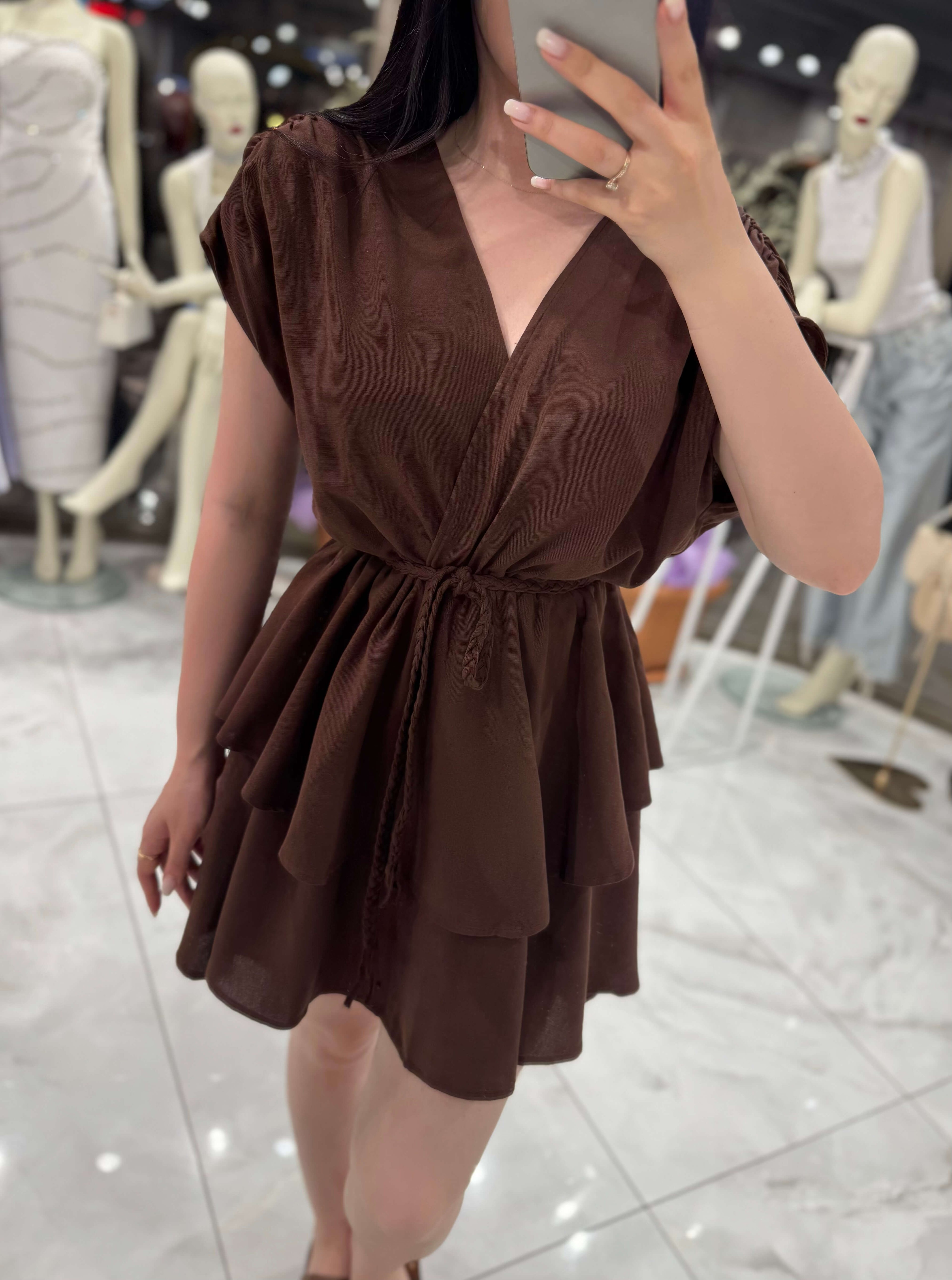 Lavi Eteği Pileli Boho Style Omuzları Büzgülü Pamuk Keten Karışımı Mini Elbise Kahve