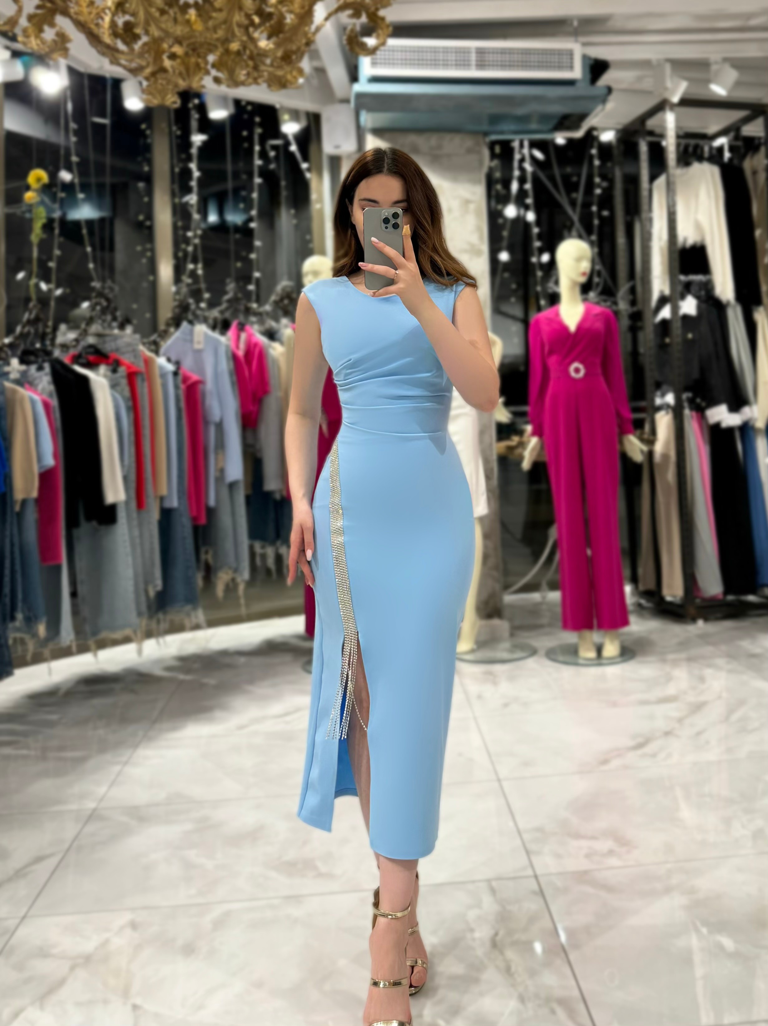 Neliya Önü Yırtmaç Taş Detaylı Abiye-Bebe Mavi