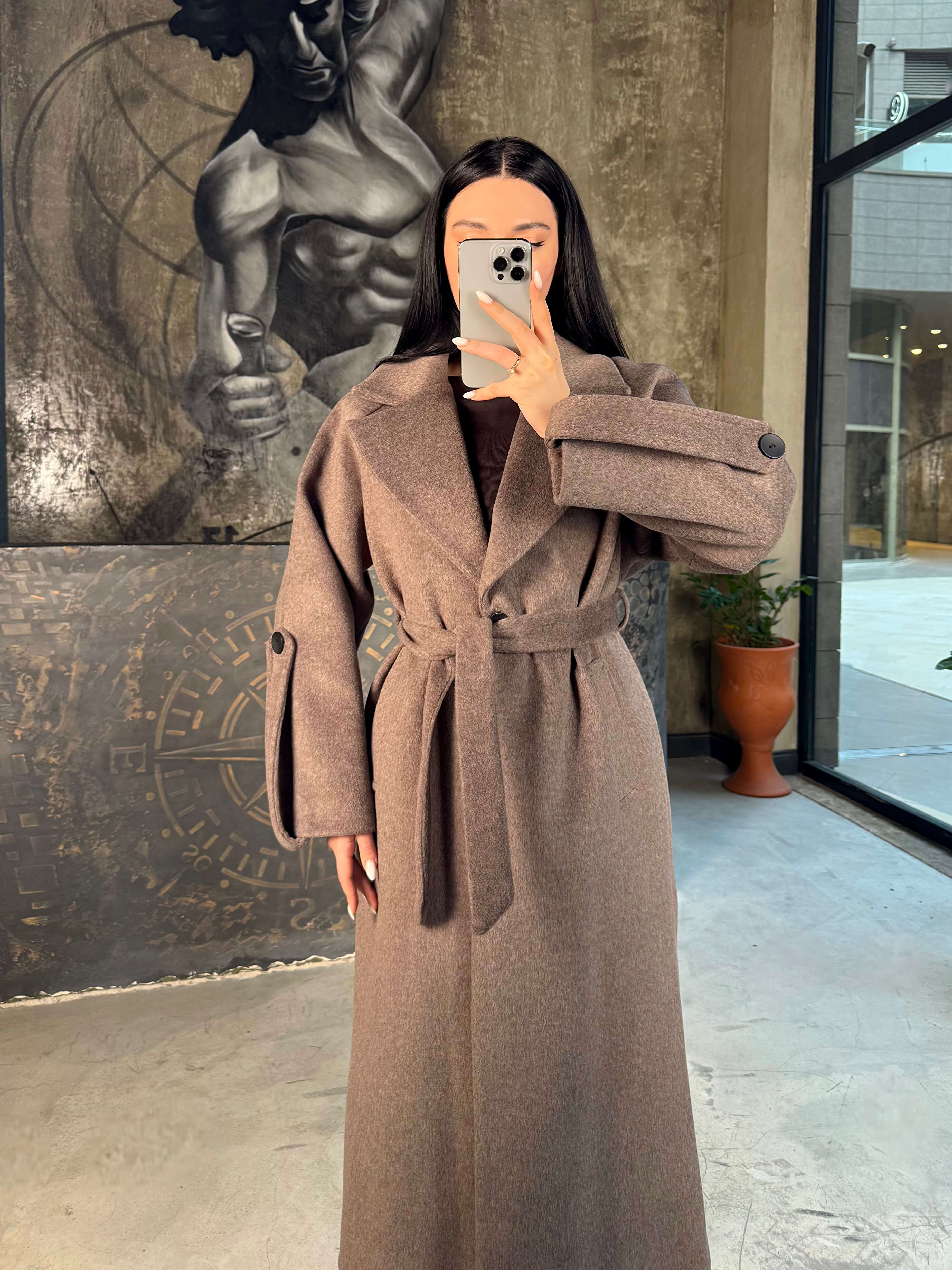 Tarian Kolları Yan Apoletli Yun Karışımlı Kuşaklı Düğmeli Rahat Kalıp Kaban Kahve