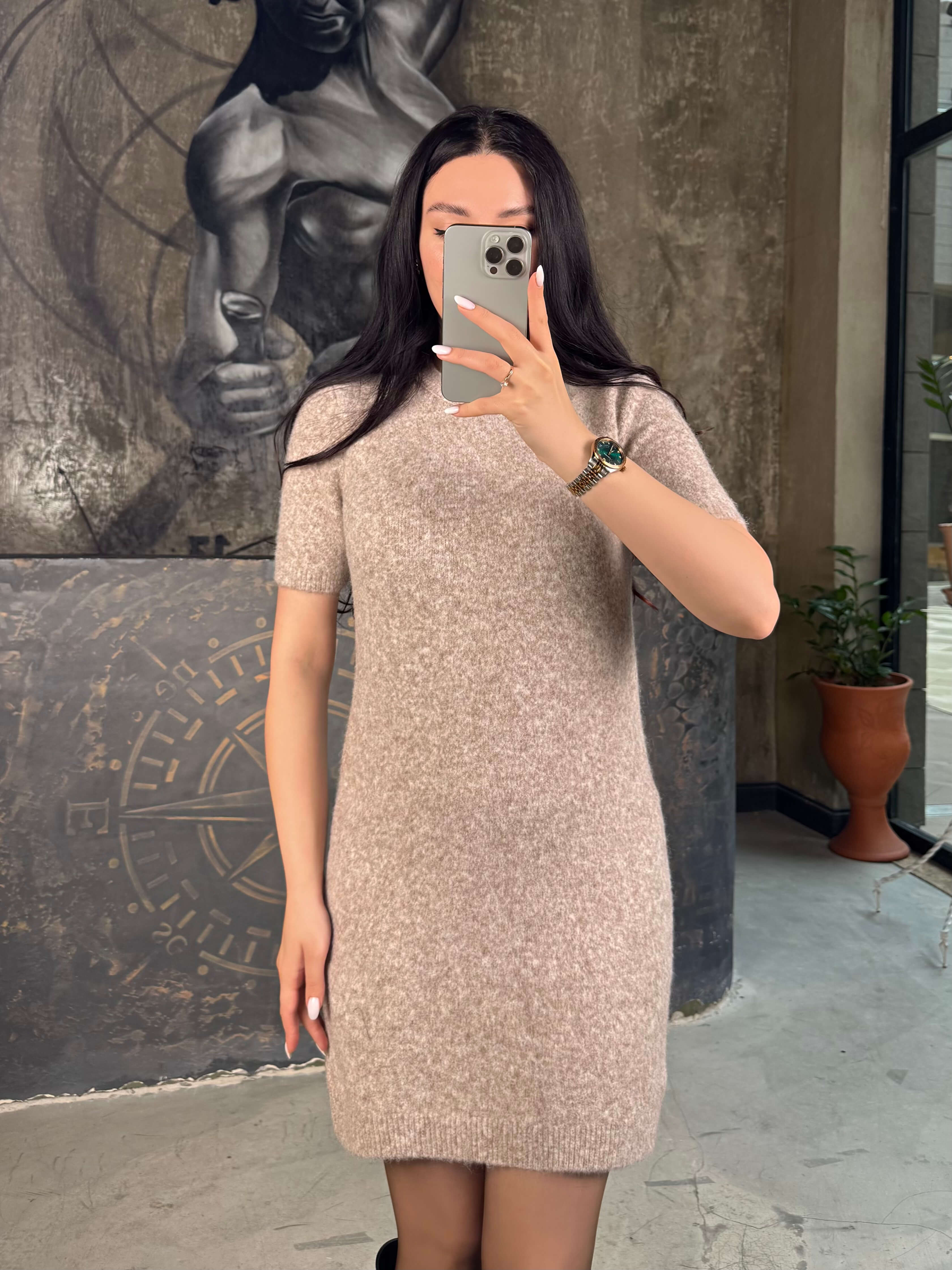 Tina Bisiklet Yaka Kısa Kol Mini Yumuşak Dokulu Triko Elbise Vizon Melanj