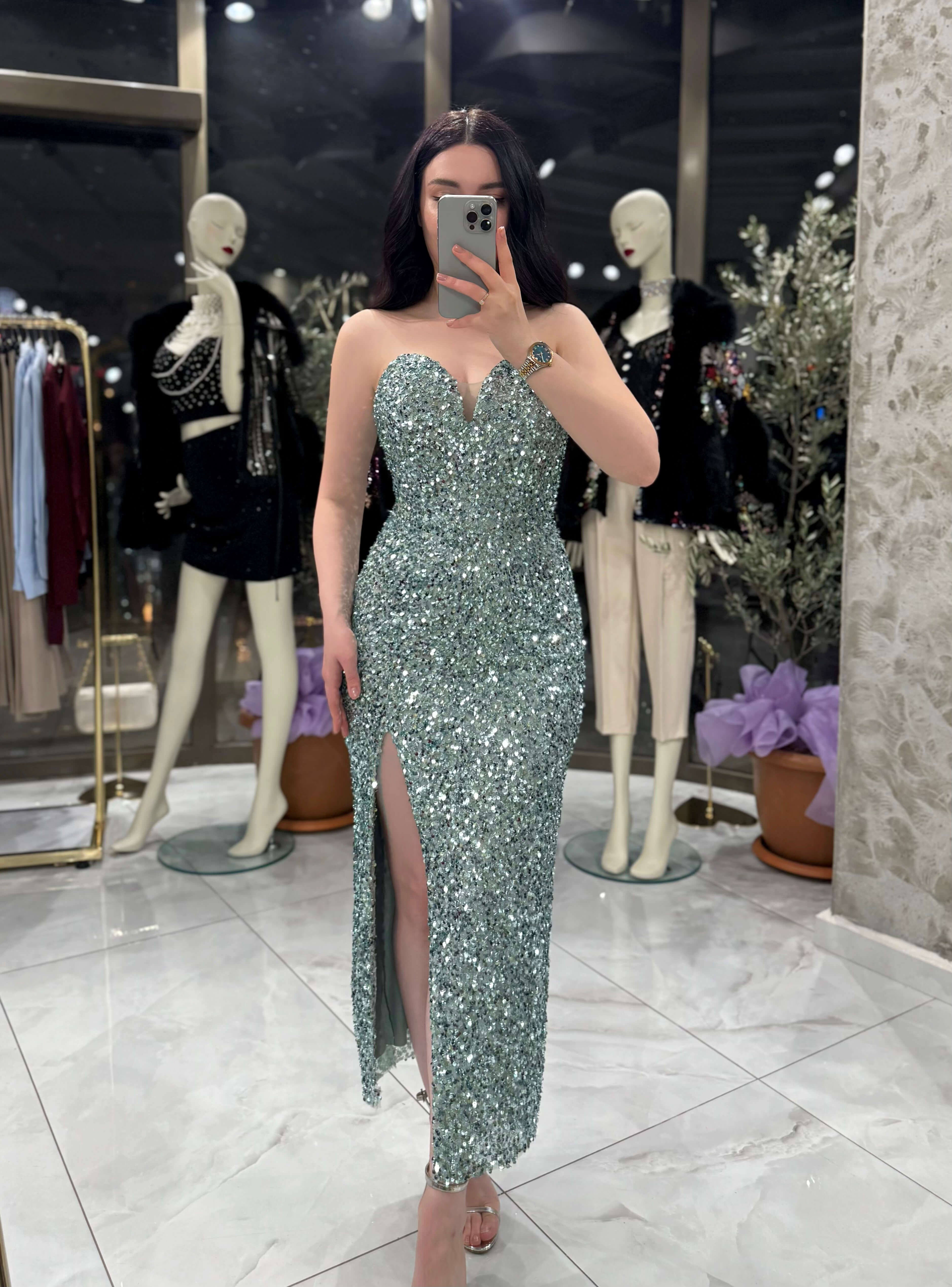 Agnes Kalp Yaka Önden Yırtmaçlı Midi Boy Elbise Su Yeşili