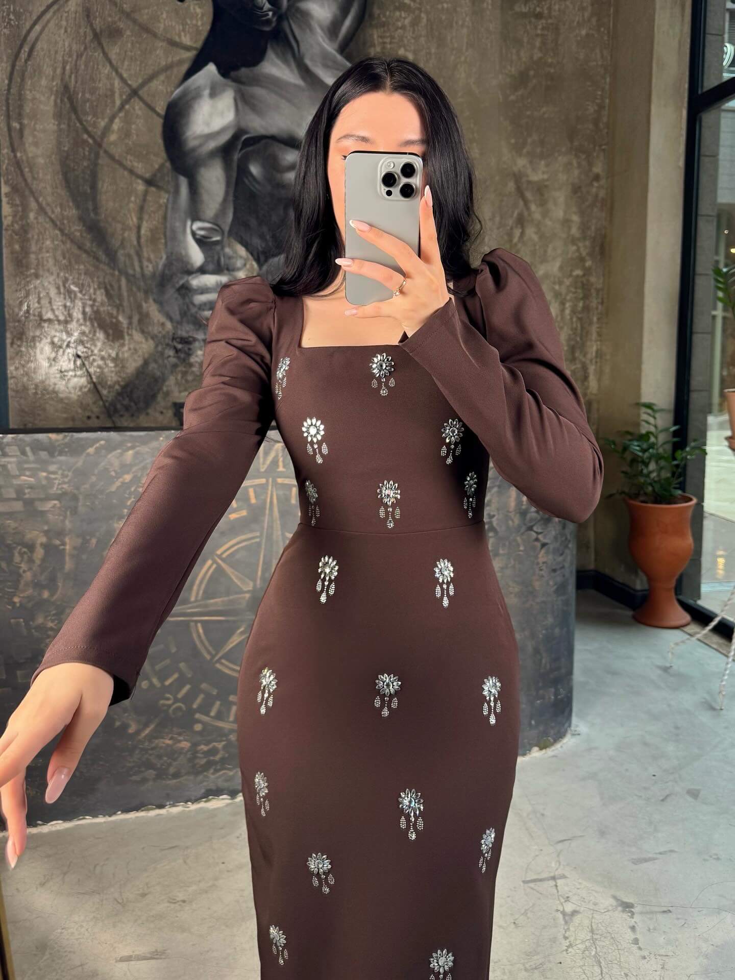 Monella Taş Detaylı Uzun Kol Midi Boy Elbise Kahve