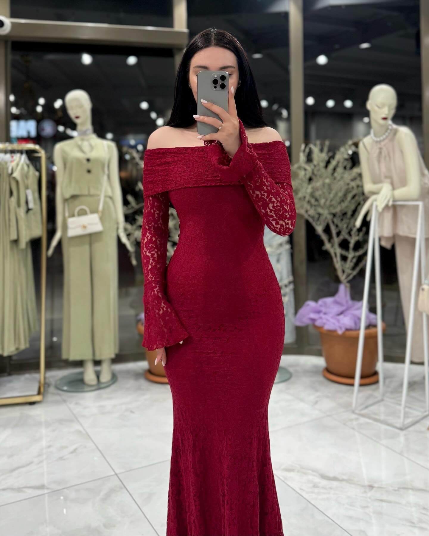 Villana Madonna Yaka Uzun Kol Midi Boy Dantel Elbise Bordo