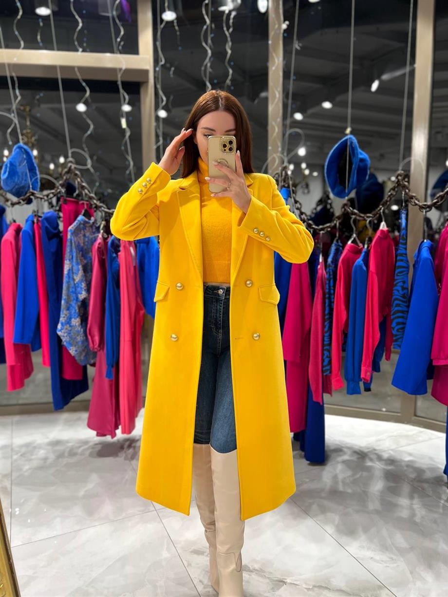 Karen Gold  Düğmeli Kaşe Kaban Sarı