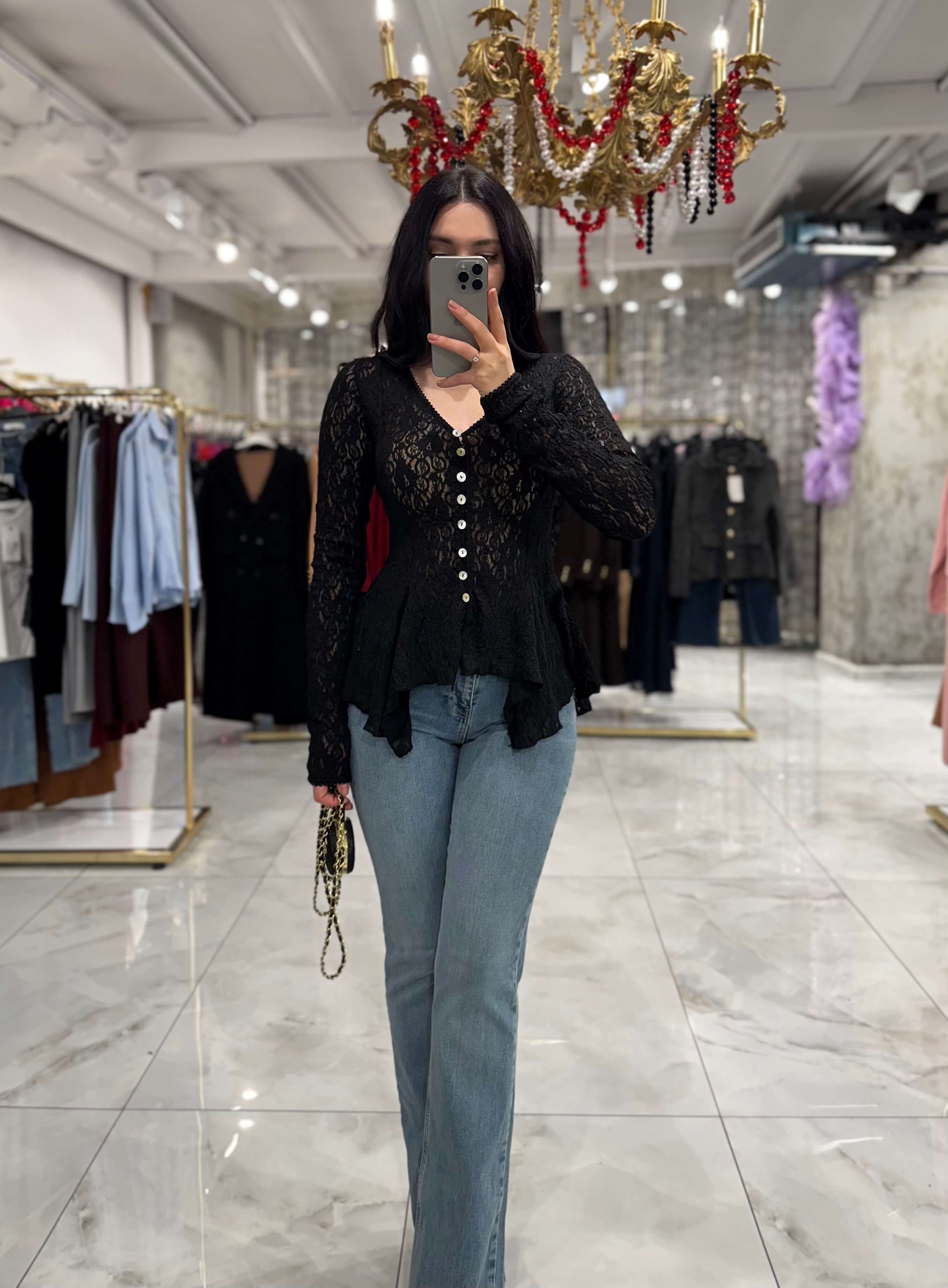 Aruna Düğmeli Peplum Dantelli  Bluz Siyah