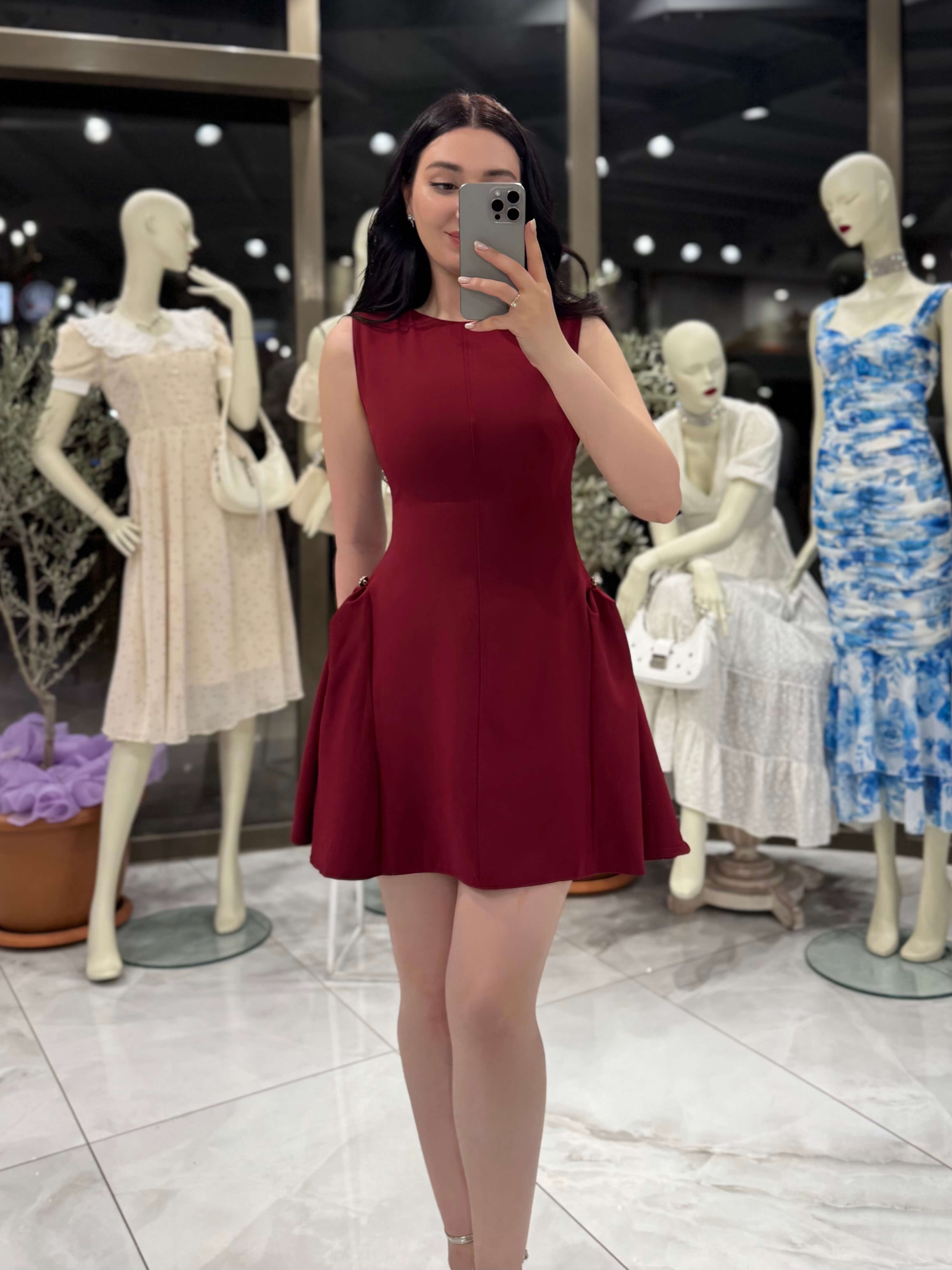 Rika Eteği Yan Düğme Detaylı Mini Elbise Bordo