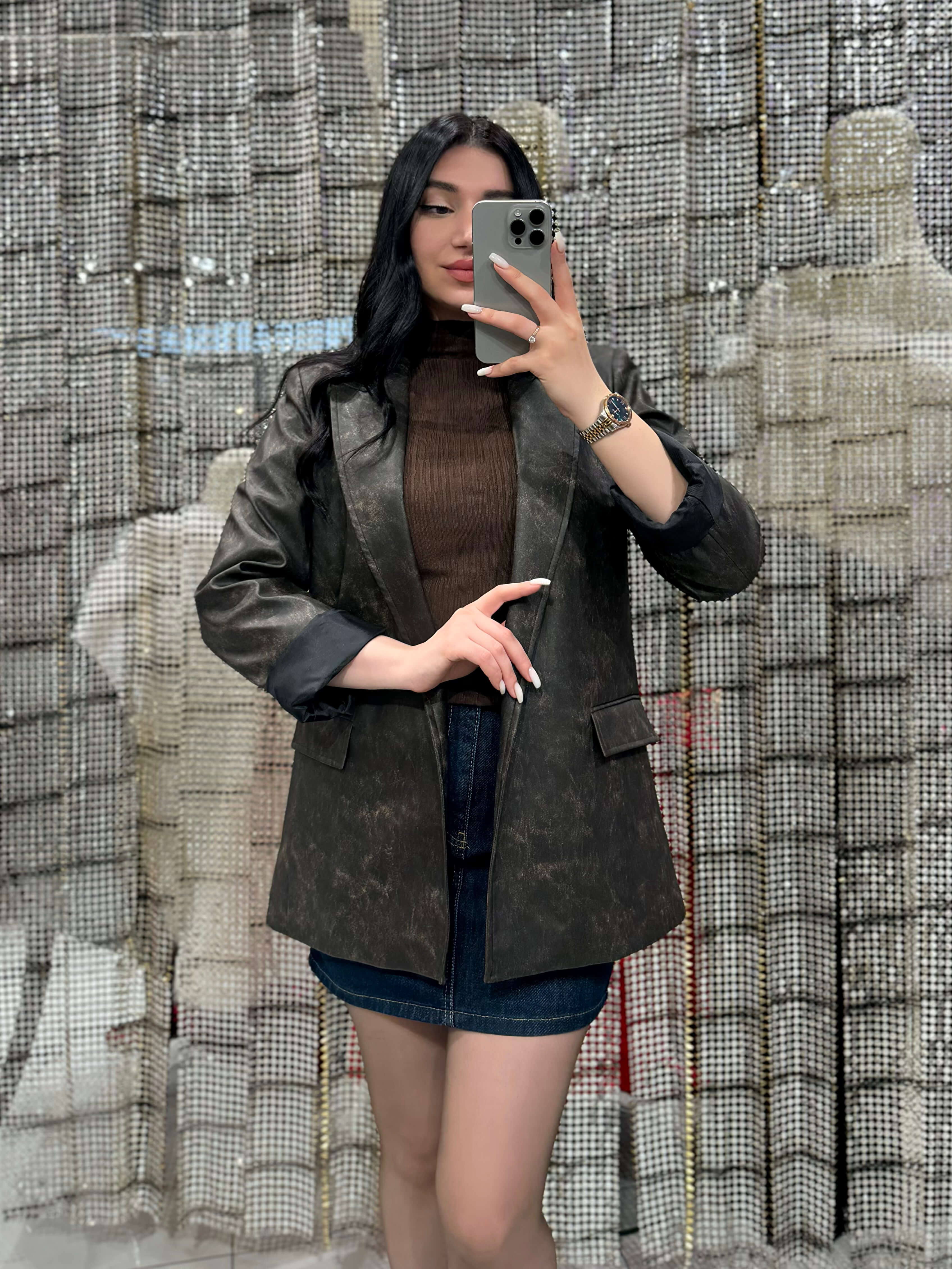 Dakina Cep Detaylı Desenli Deri Blazer-Kahve