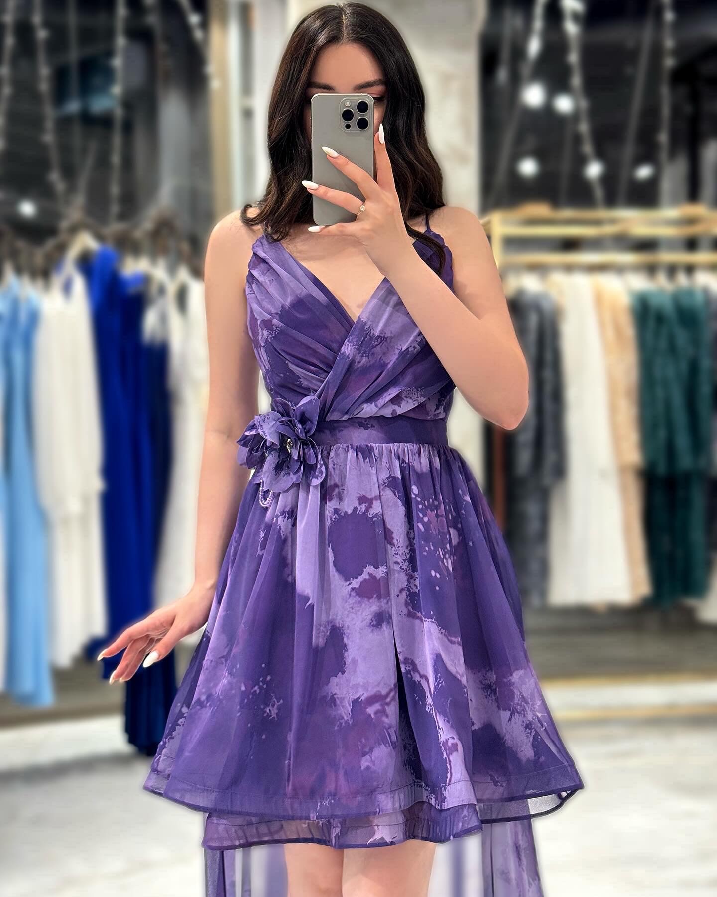 Melena Eteği Kloş Kuyruklu Şifon Mini Elbise Mor