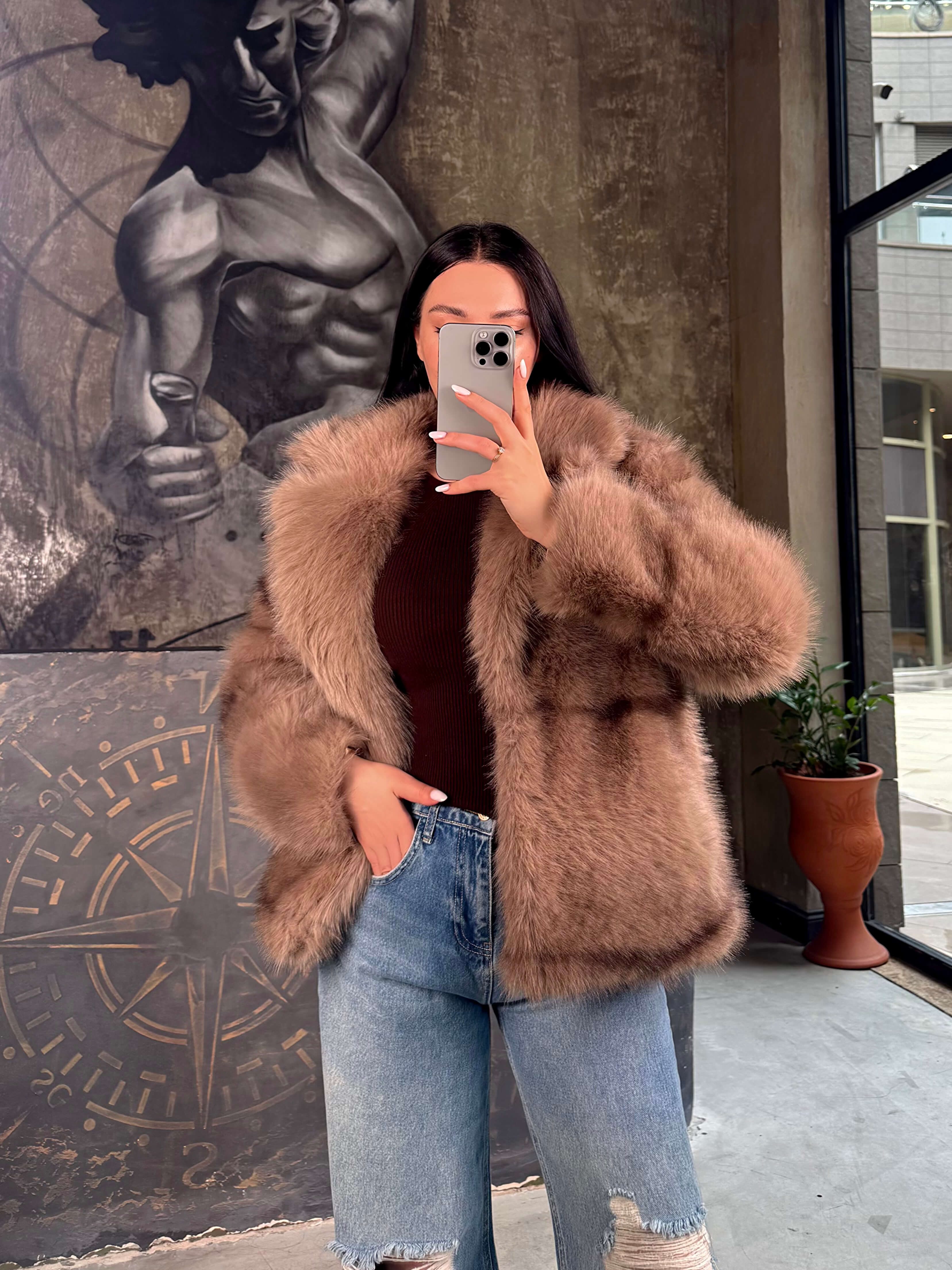 Odella Kruvaze Yaka Çıt Çıt Kapamalı Cepli Ve Astarlı Kürk Vizon