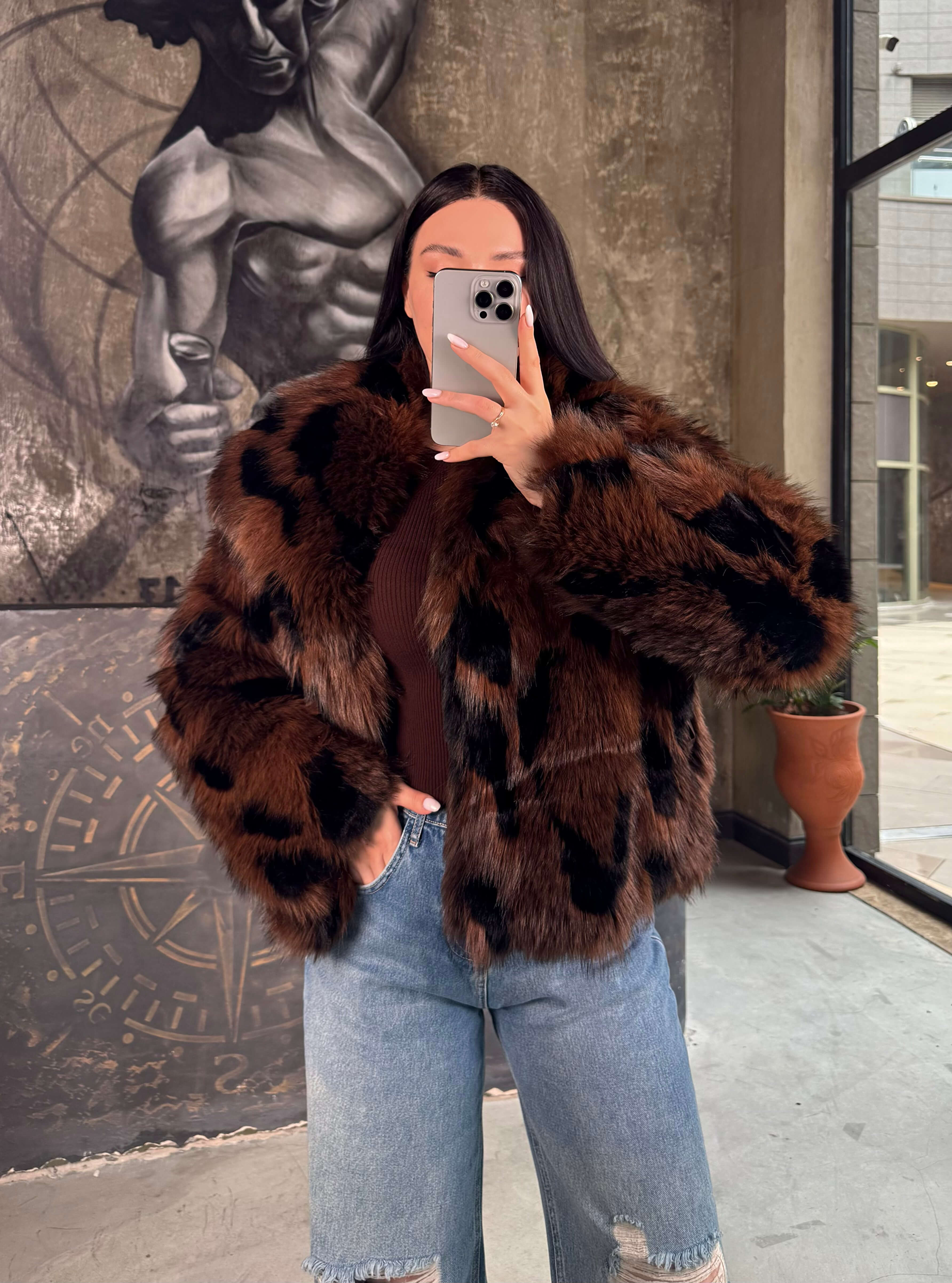 Deer Şal Yaka Klips Kapamalı Cepli Kürk Kısa Mont Kahverengi