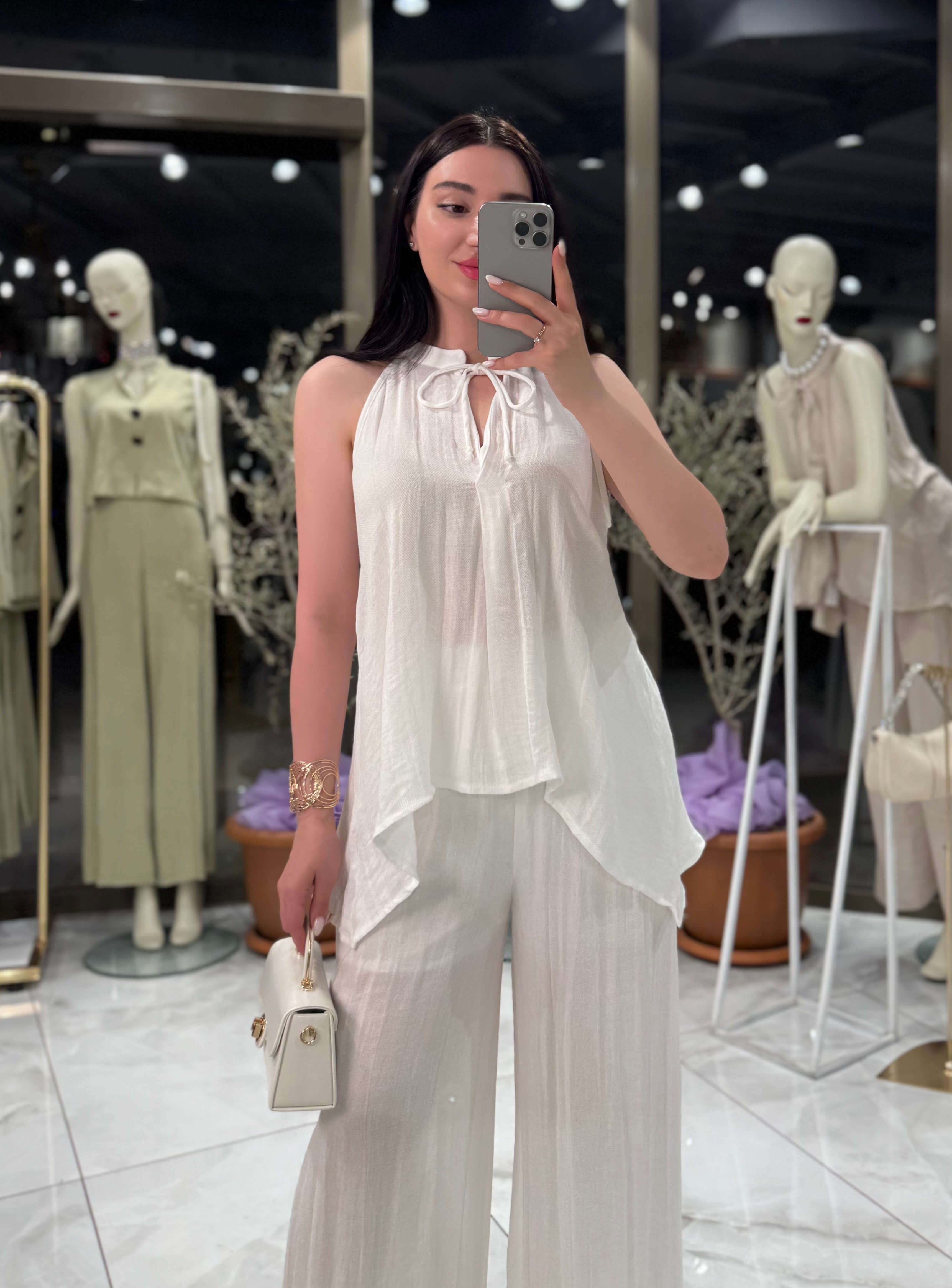 Rinda Bluz Pantolon Keten Takım Beyaz