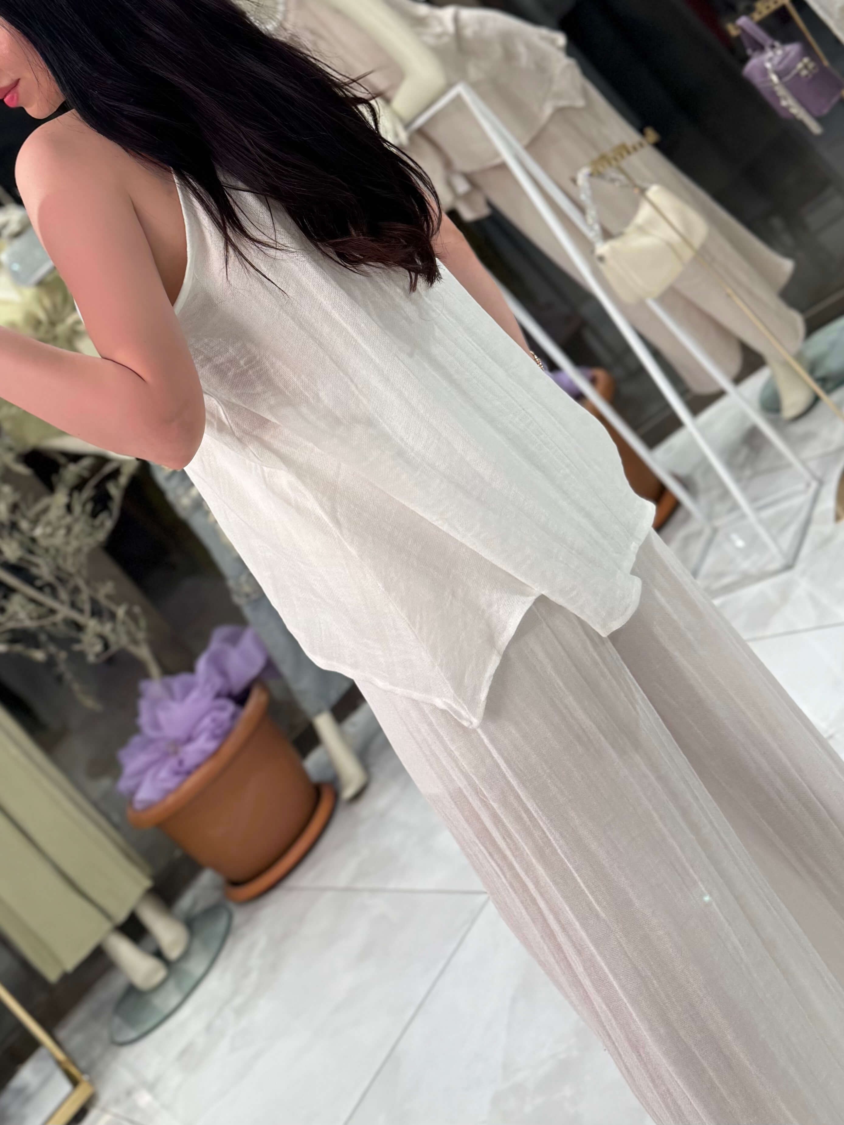 Rinda Bluz Pantolon Keten Takım Beyaz