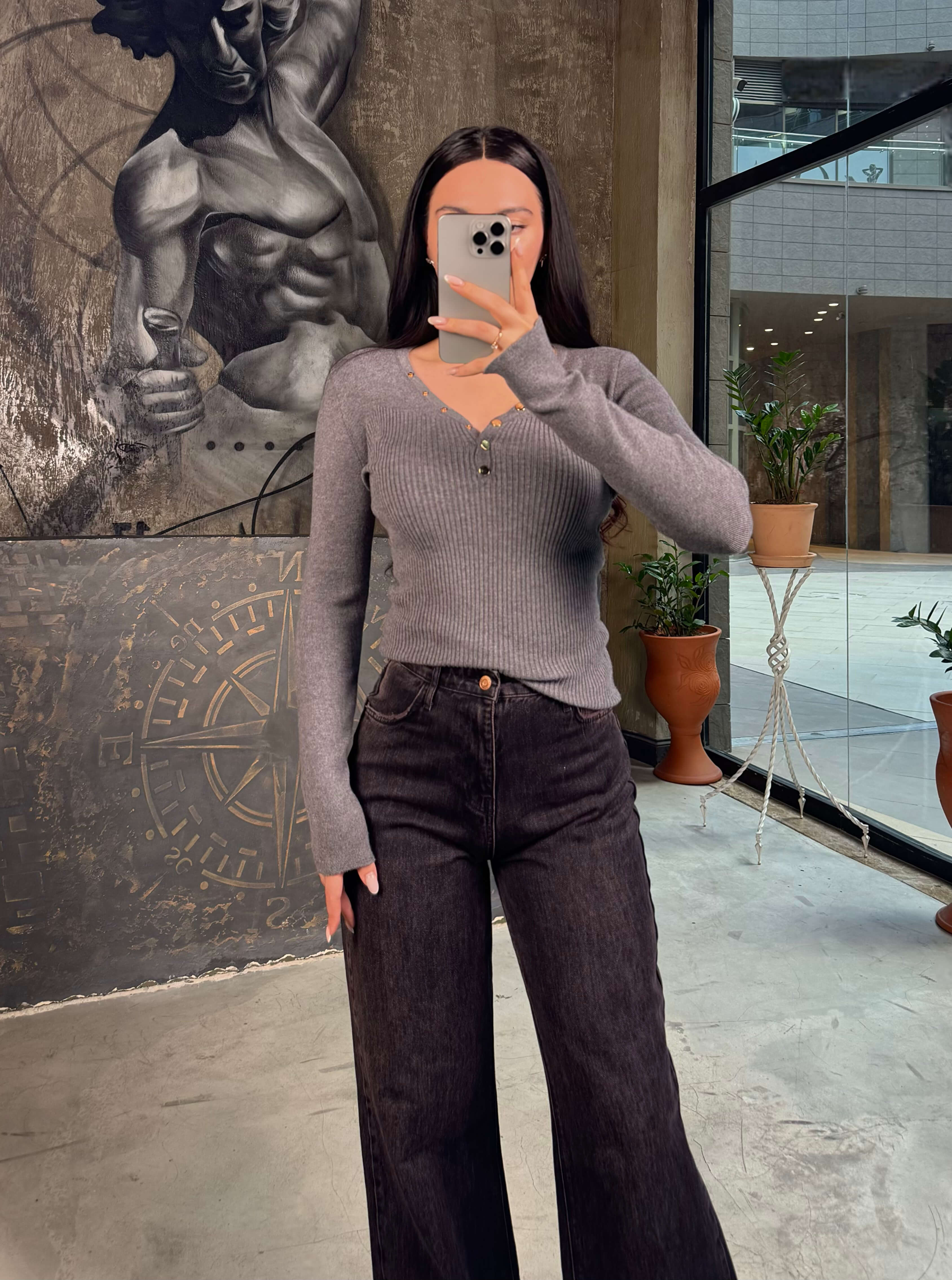 Raya Çıtçıtlı Fitilli Body Kazak Gri Melanj