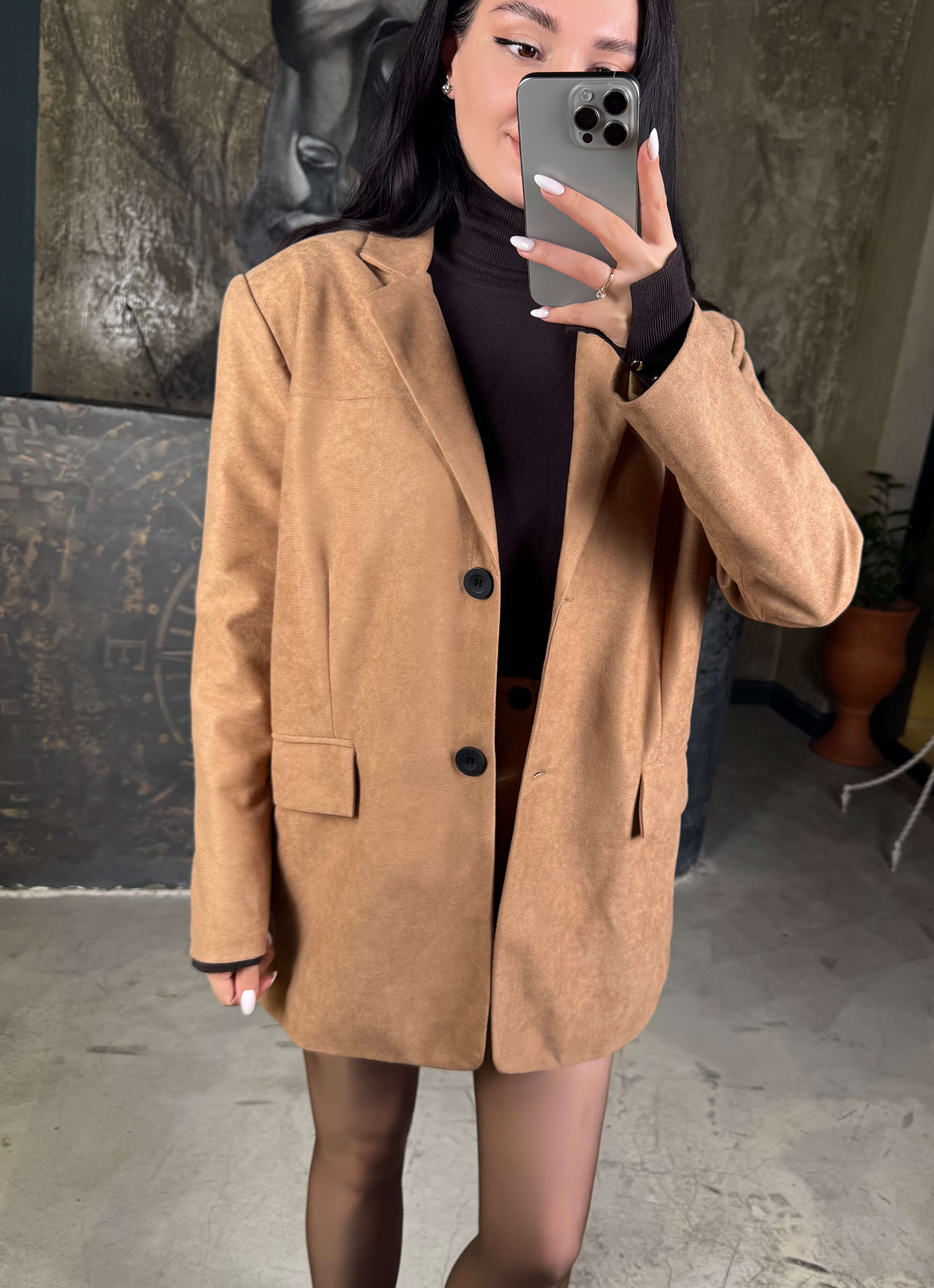 Willy Boyfriend Kesim Kruvaze Yaka Velur Blazer Etek Takımı-Camel