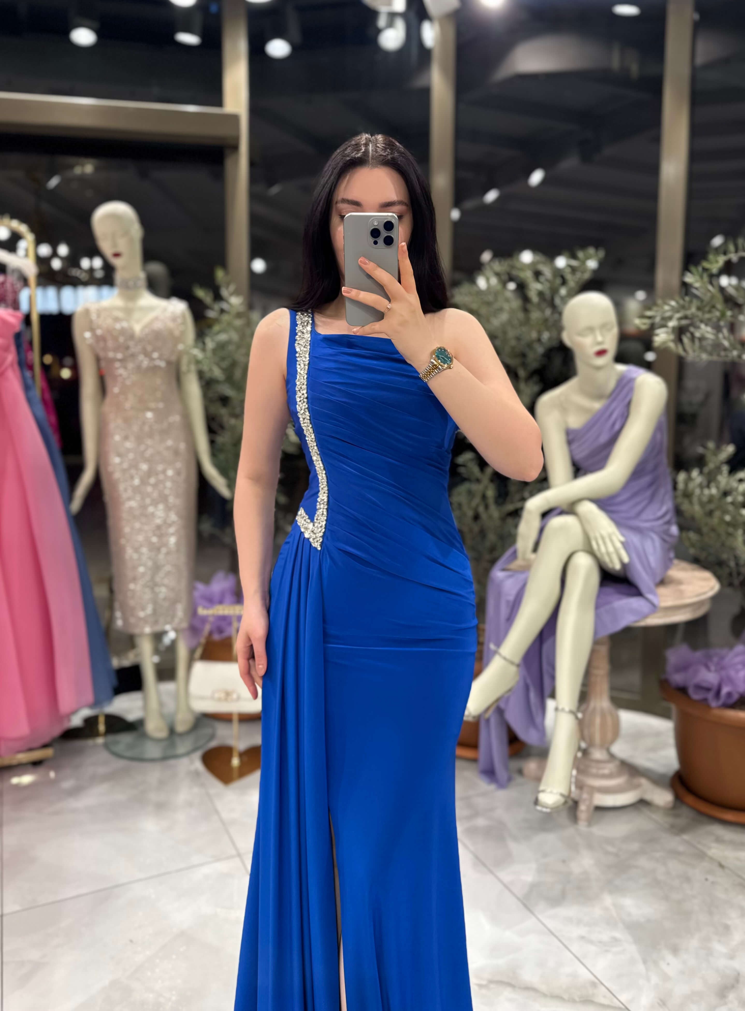 Nadine Taş İşlemeli Tek Kol Önden Yırtmaçlı Uzun Elbise Saks Mavi