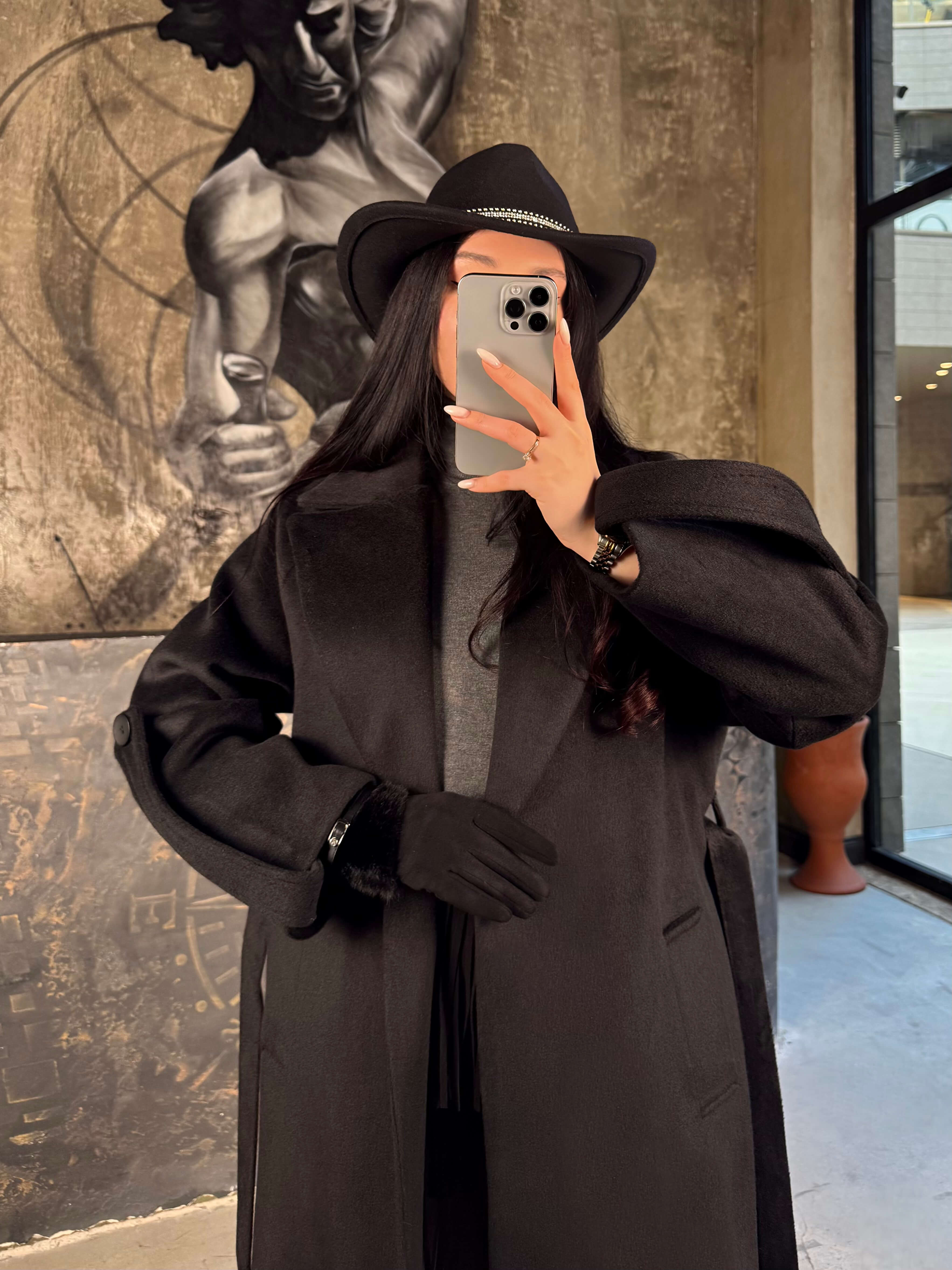 Ruma İpli Taş Detaylı  Fötr Şapka Siyah