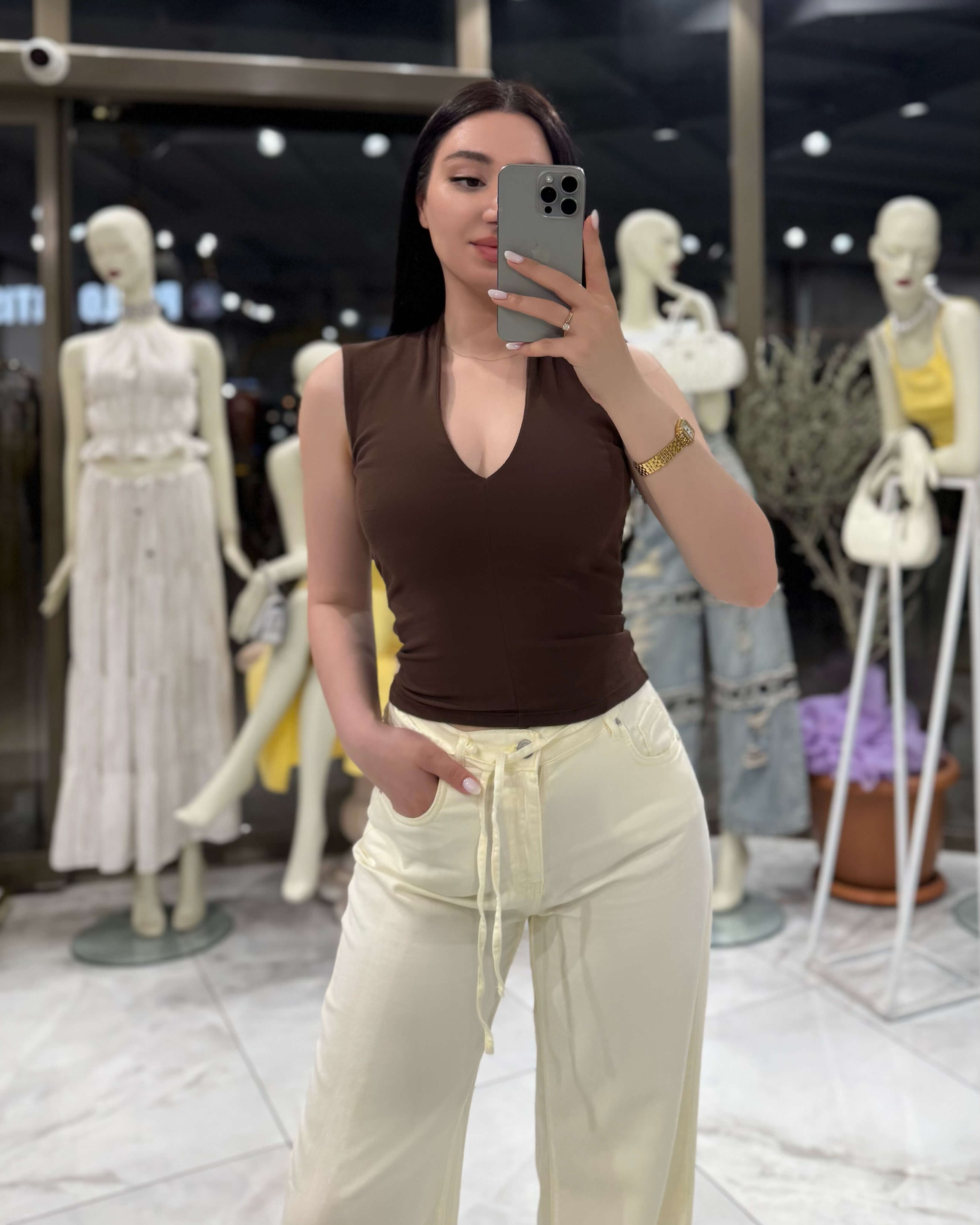 Sally  Derin Dekolte Kolsuz Top  Kahve