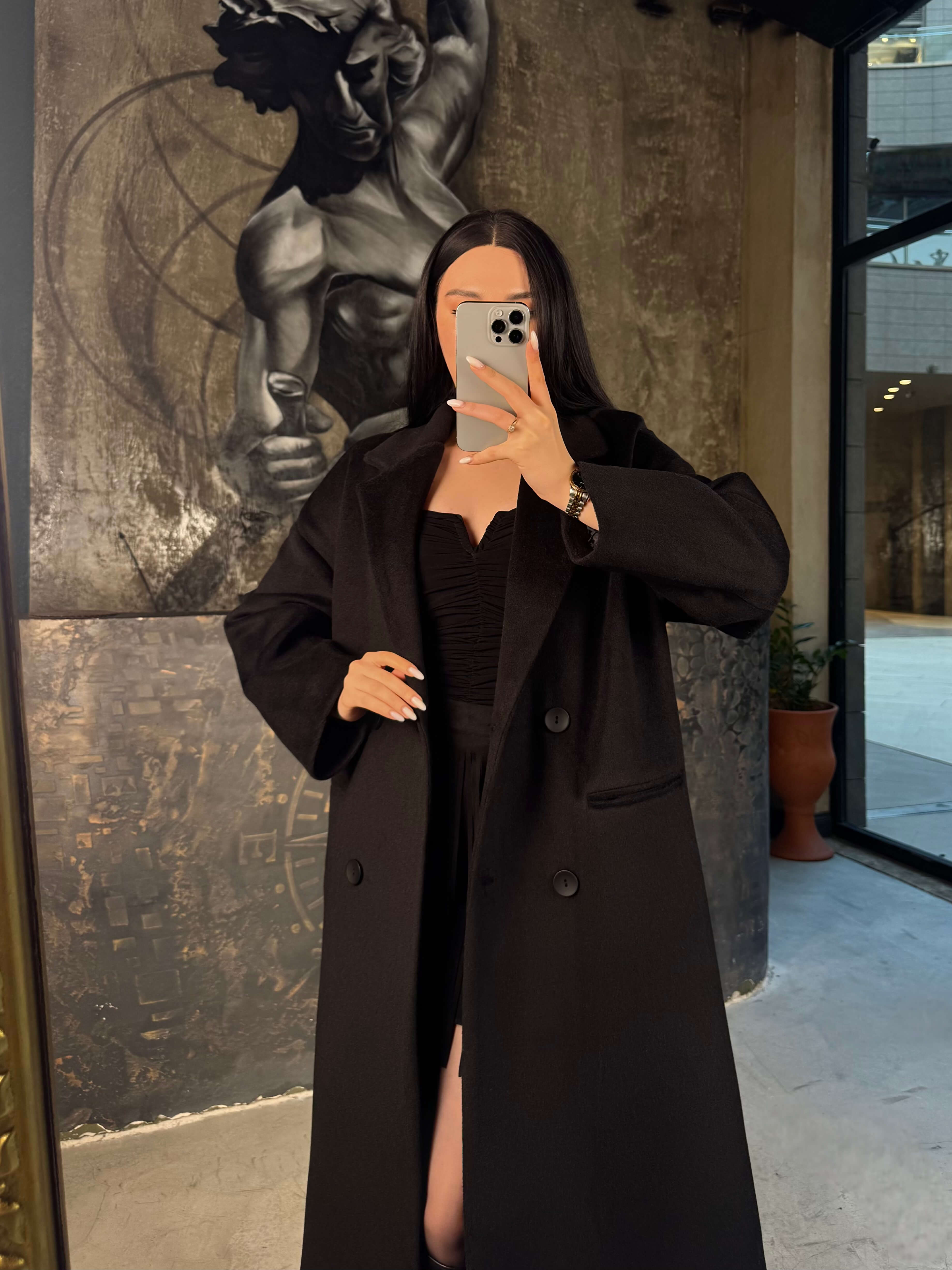 Mirold Oversize Kruvaze Yaka Önü Düğmeli Kaban Siyah