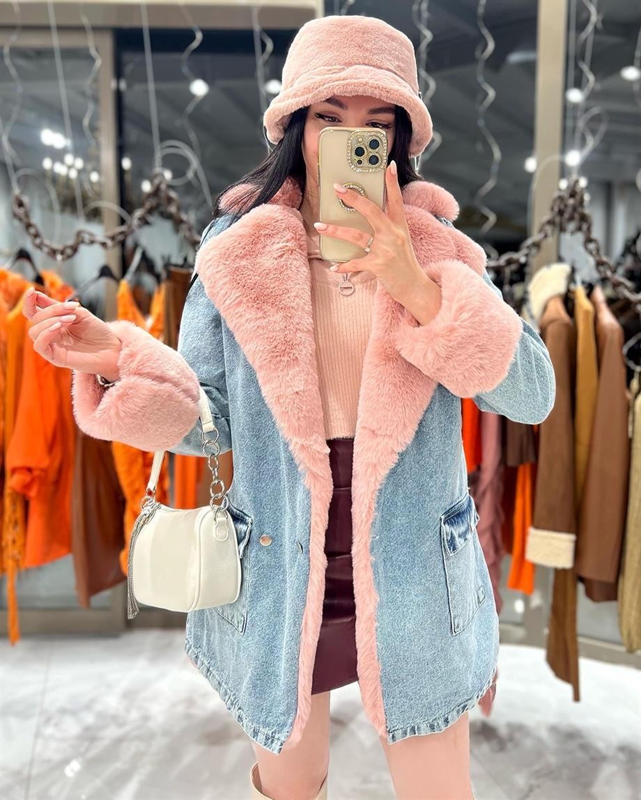 Leksa Uzun İçi Kürklü Kot Mont Pembe