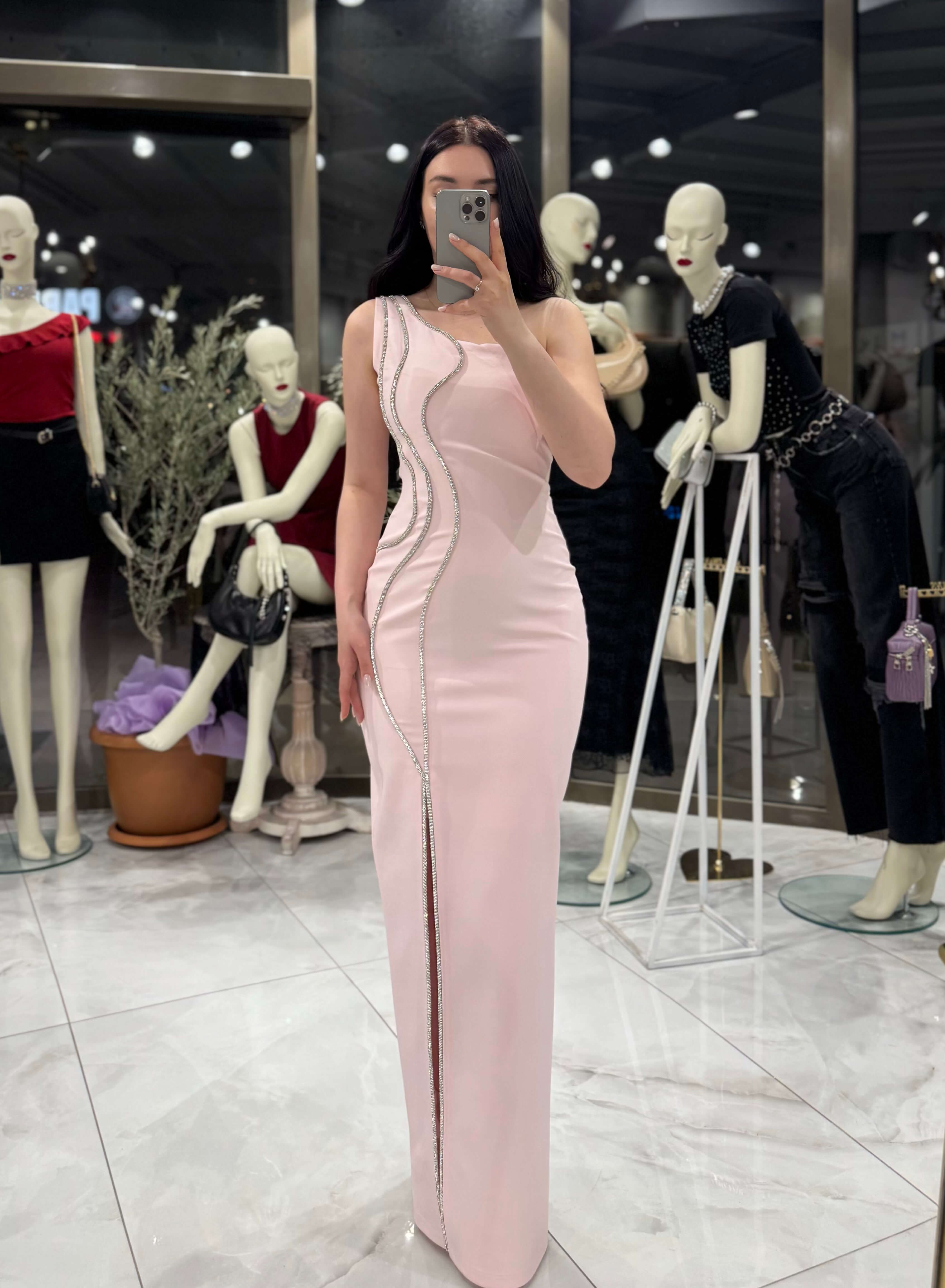 Ayana Tek Omuz Taş Dalgalı Detay Önü yırtmaçlı Midi Boy Abiye Elbise  Toz Pembe