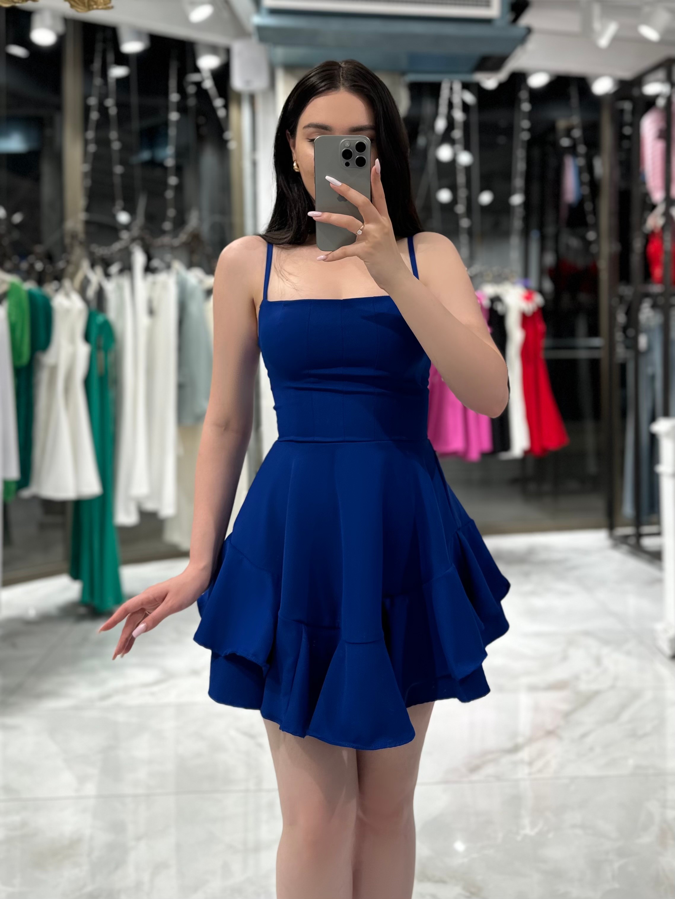 Arya Ayarlanabilir Askılı Belden Oturtmalı Eteği Kiloş Fırfırlı Mini Elbise Saks Mavi