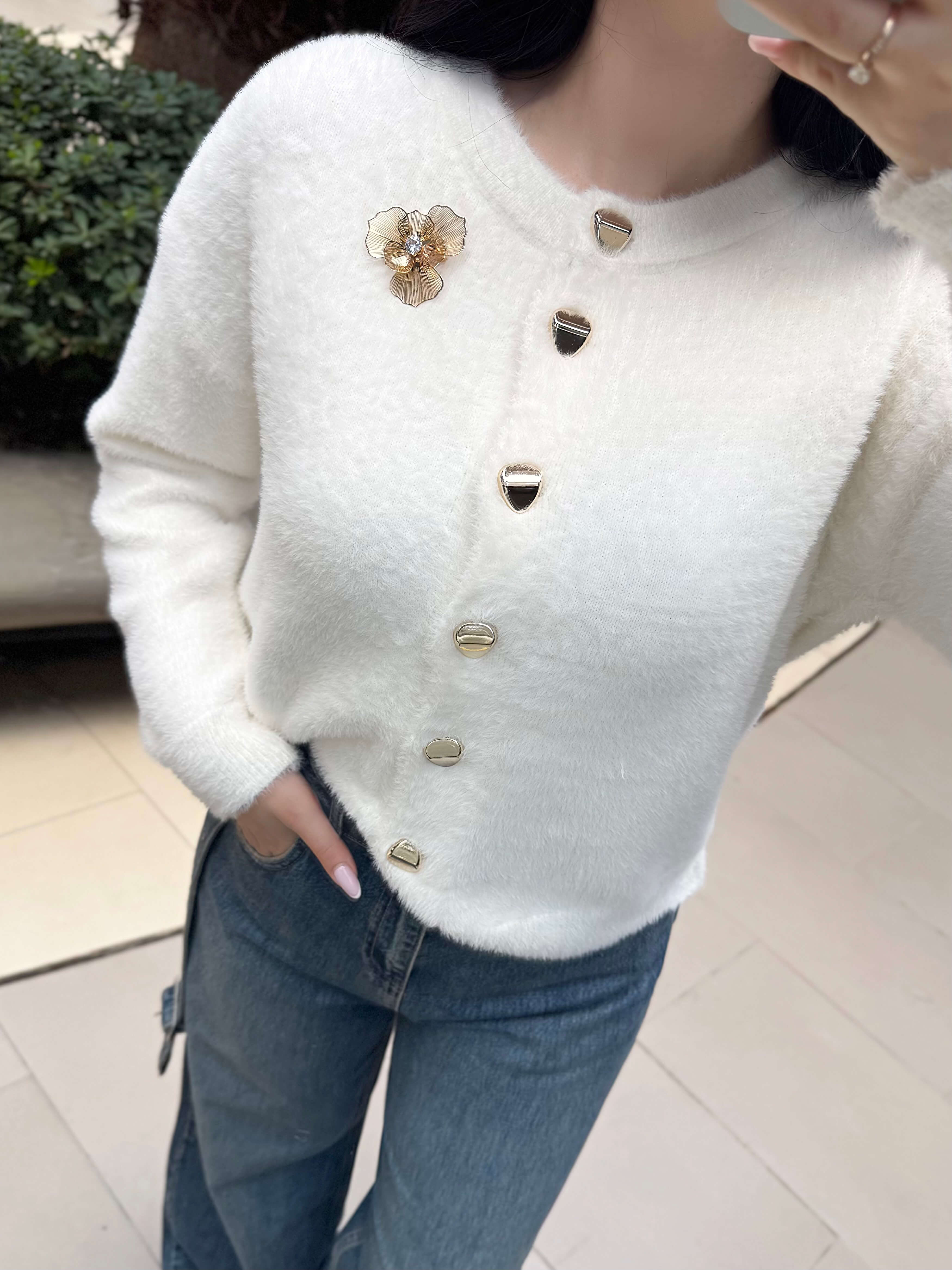Flora Gold Çiçek Ve düğme Aksesuarlı Angora Hırka Krem