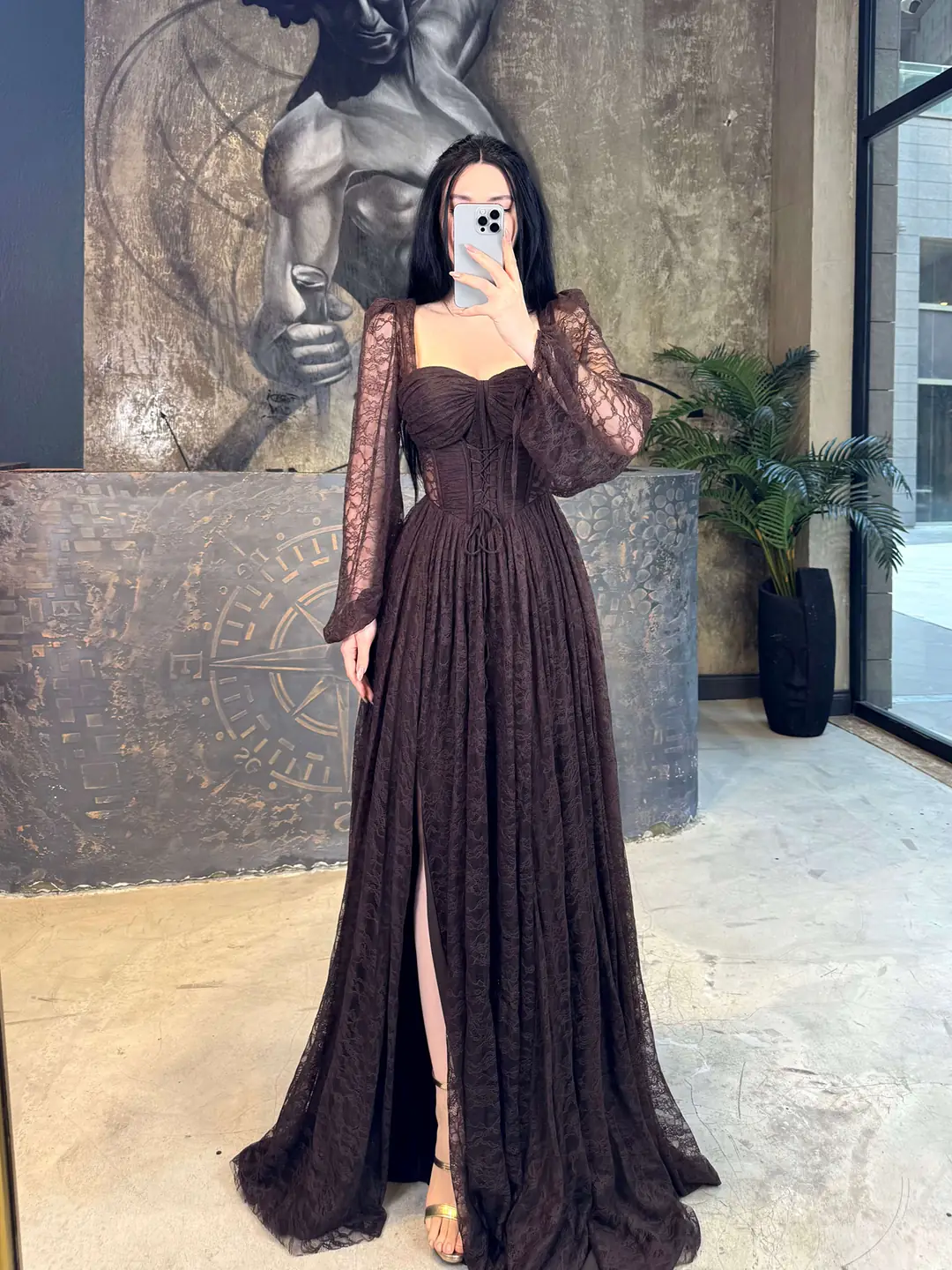 Daliya Lace Balloon Long Sleeve Corset Evening Dress with Front