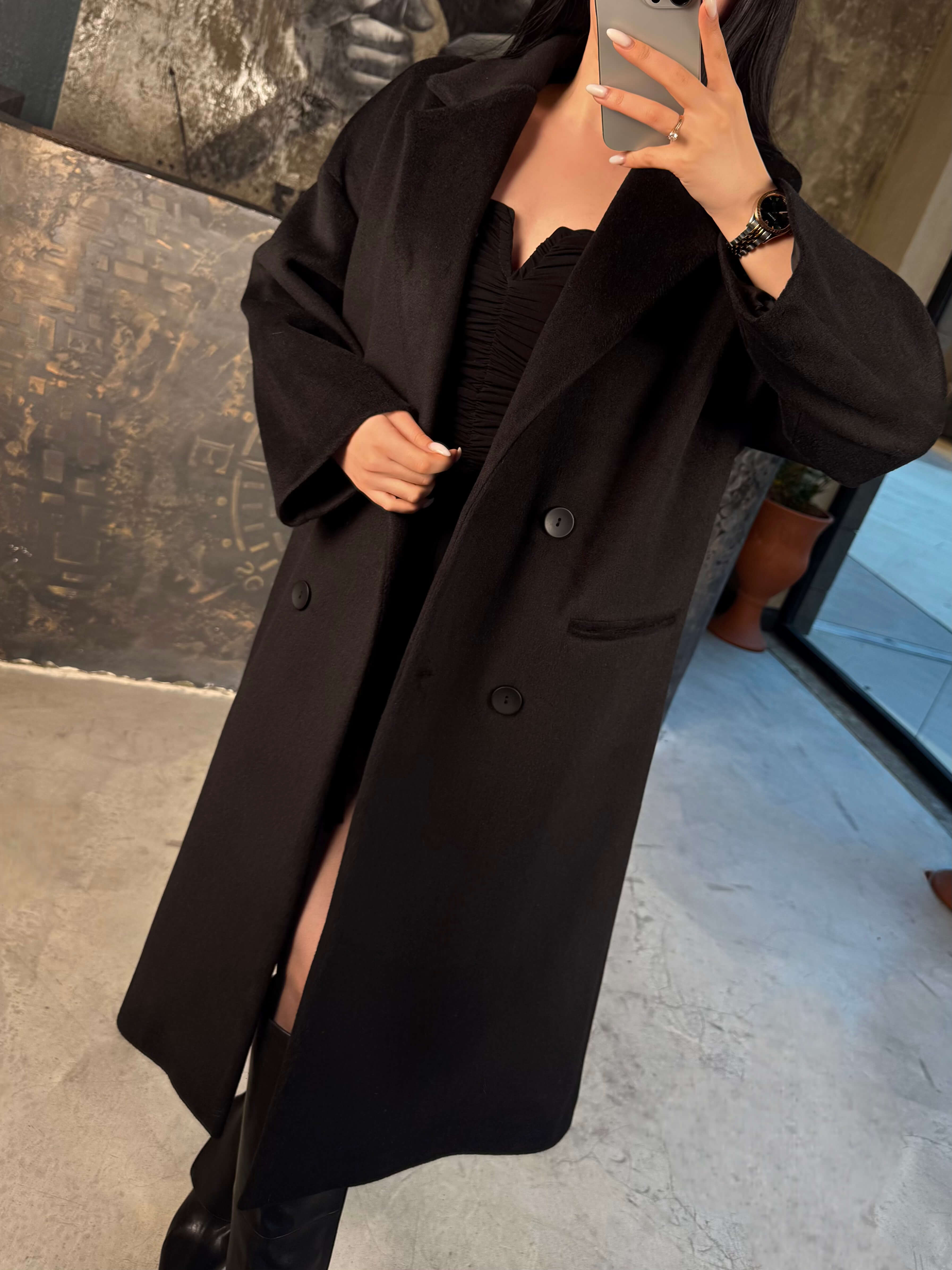 Mirold Oversize Kruvaze Yaka Önü Düğmeli Kaban Siyah