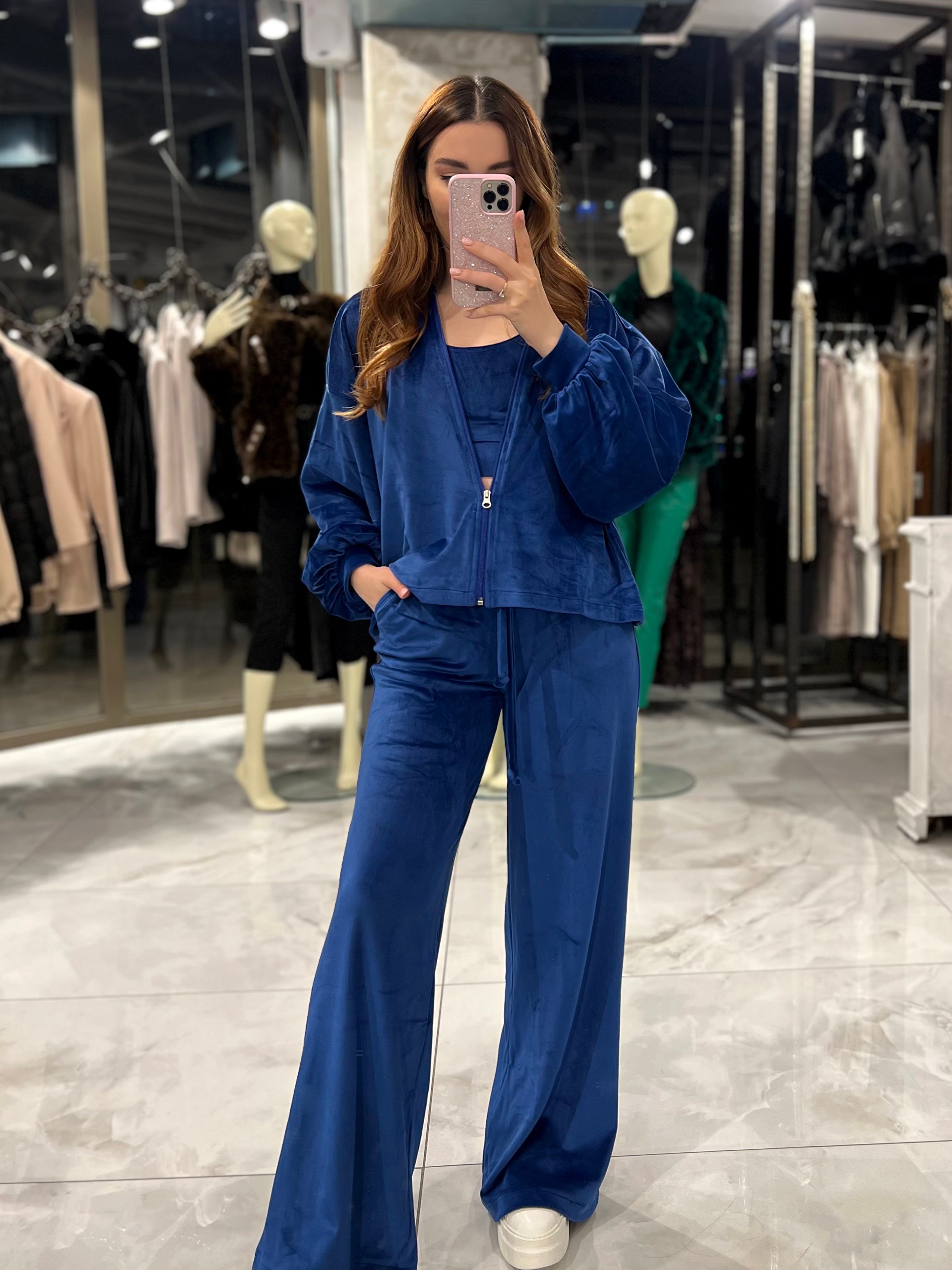Sandara 3´lü Premium Kalite Kadife Takım-Saks Mavi