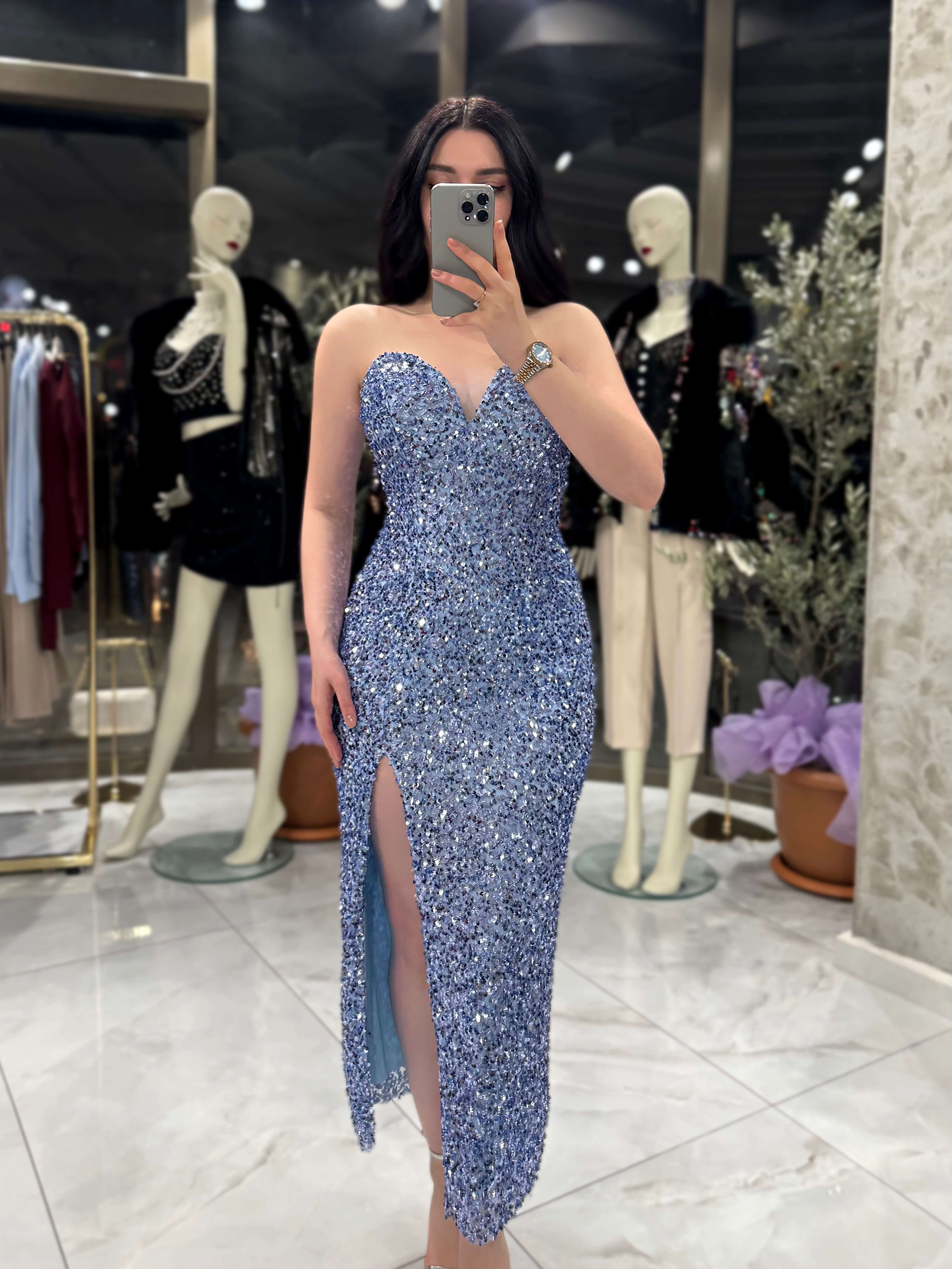 Agnes Kalp Yaka Önden Yırtmaçlı Midi Boy Elbise Bebe Mavi