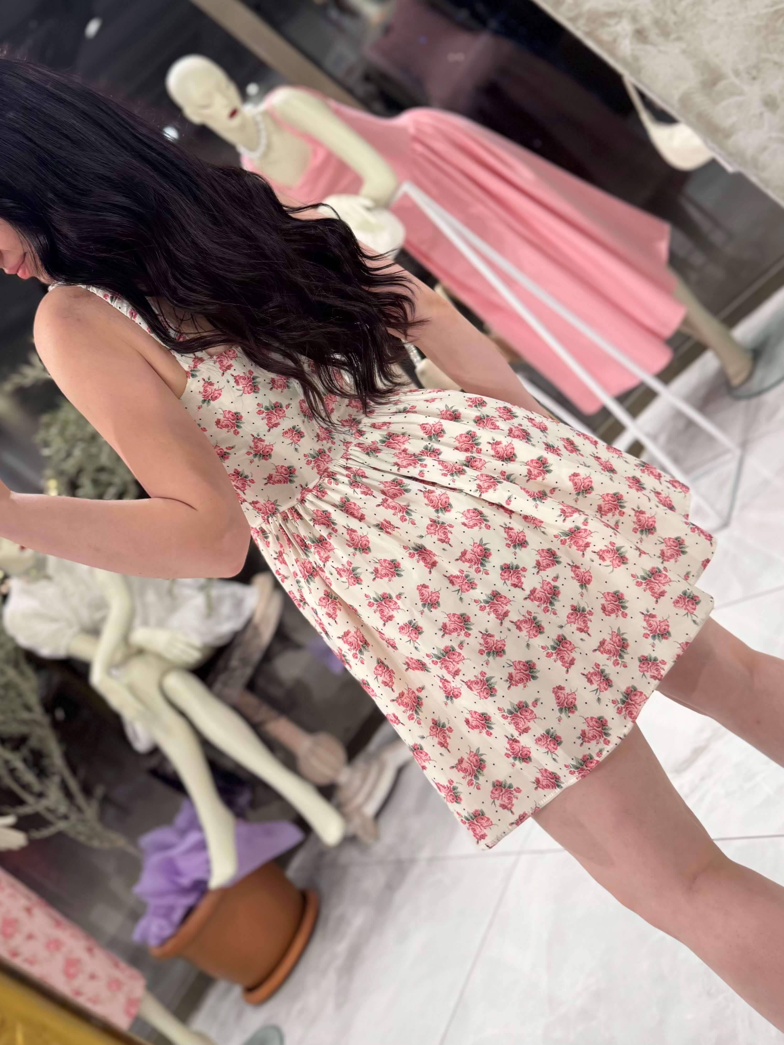 Sweety Önü Bağlamalı Çiçek Desenli Mini Elbise Krem